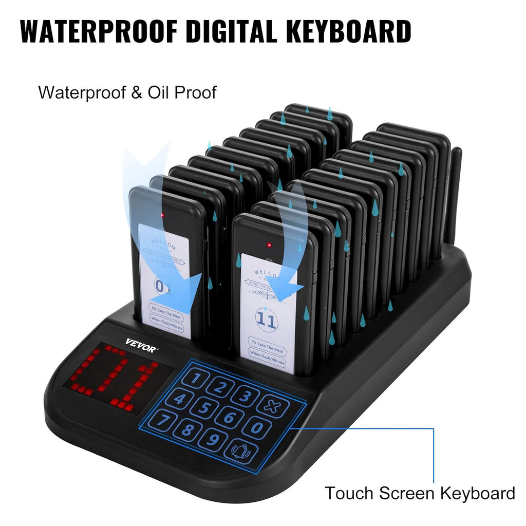F103 Restaurant Pager System 20 Pagers, Max 98 Beepers Wireless Calling System, Touch Keyboard with Vibration
