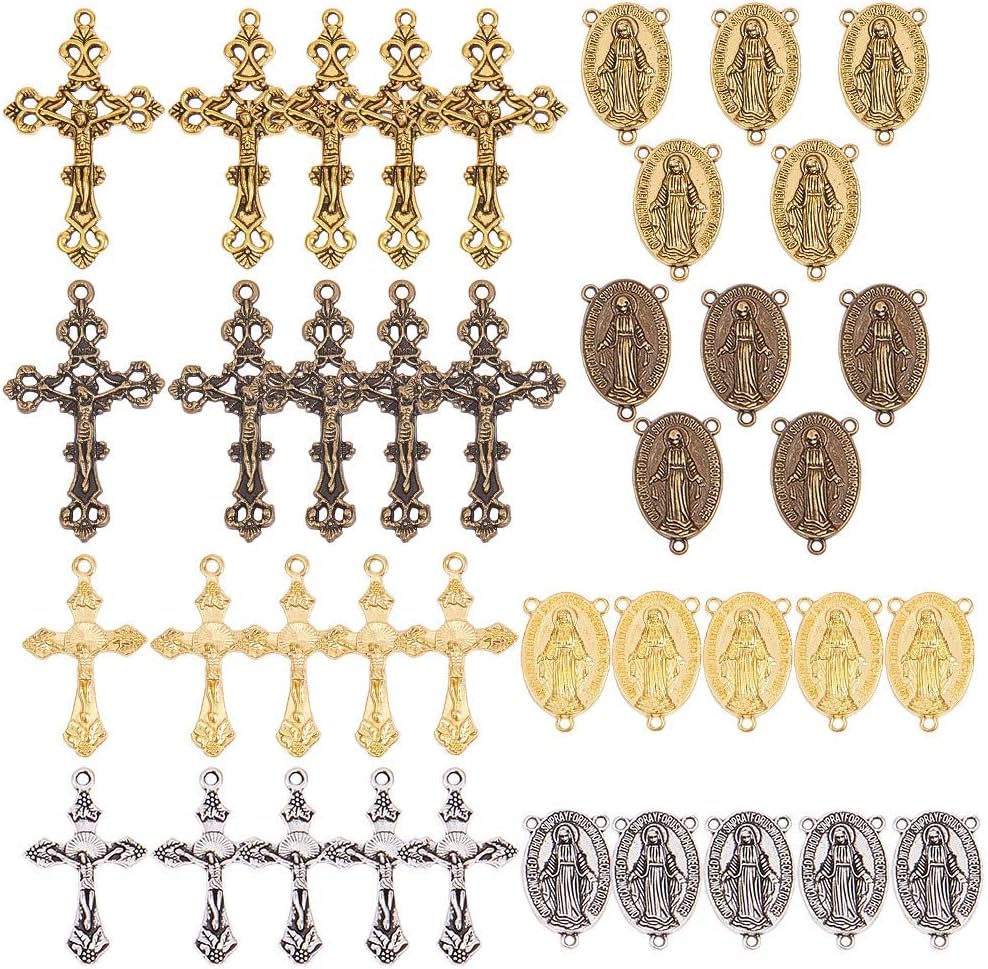 Tibetan Style Rosary Cross Charms and Center Miraculous Medal Easter Vintage Cross Crucifix Pendants Oval Chandelier