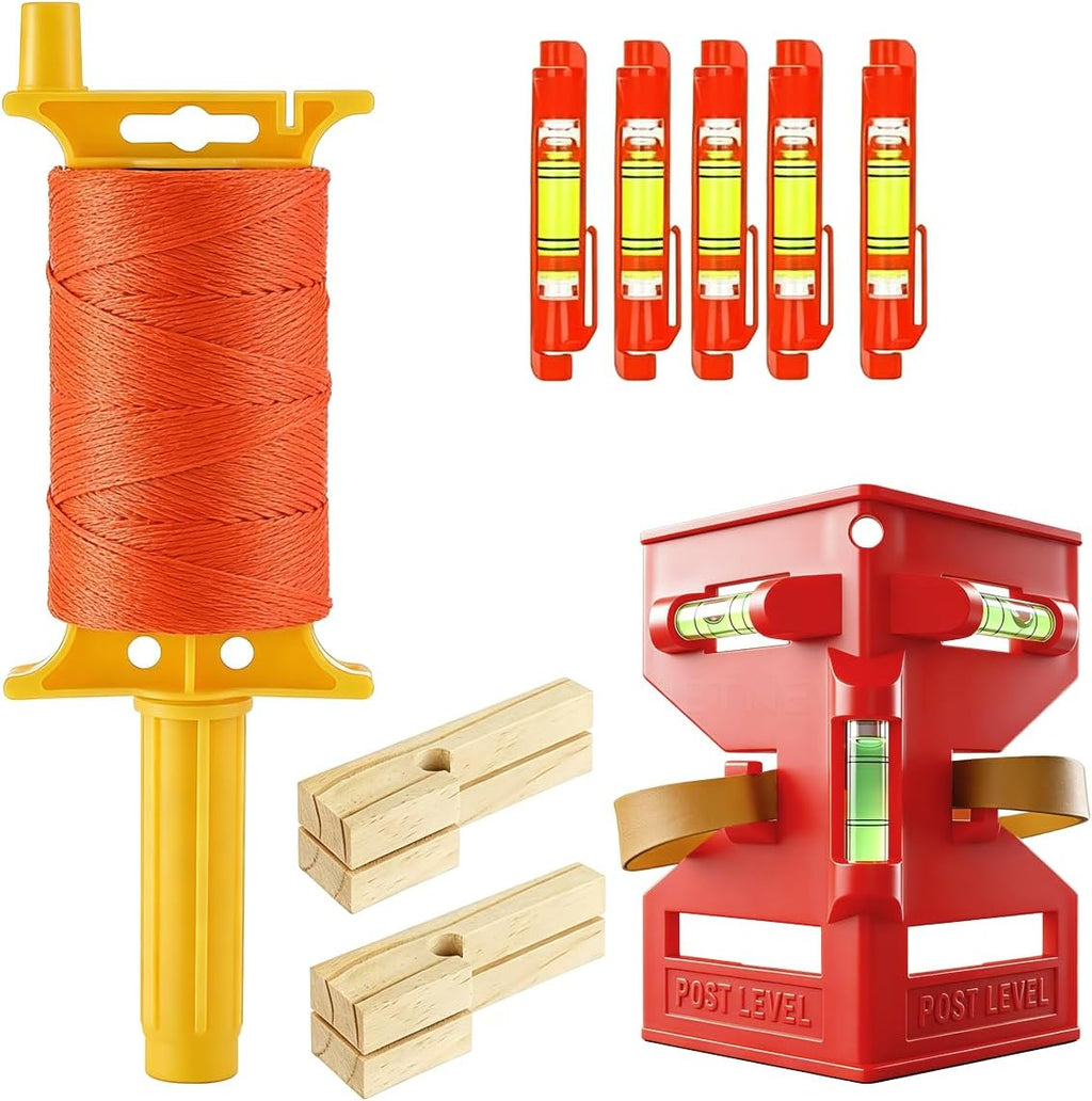 Post Level String Line Kit for masonry & fence post leveling | Includes post & pipe level with rubber strap,5 line