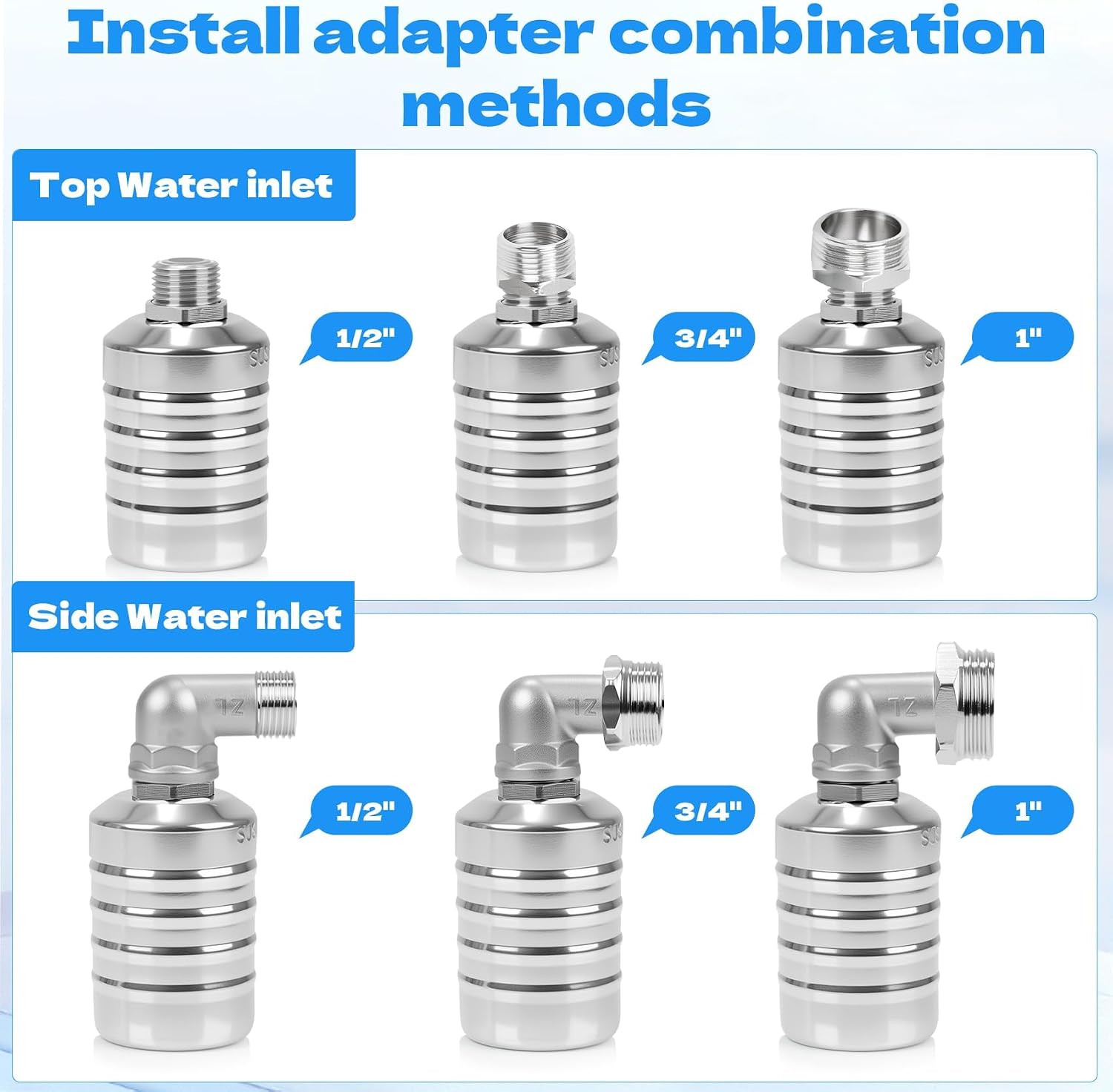 304 Stainless Steel Float Valve with 1/2", 3/4" & 1" Adapters – Fully Automatic Water Level Controller for Water