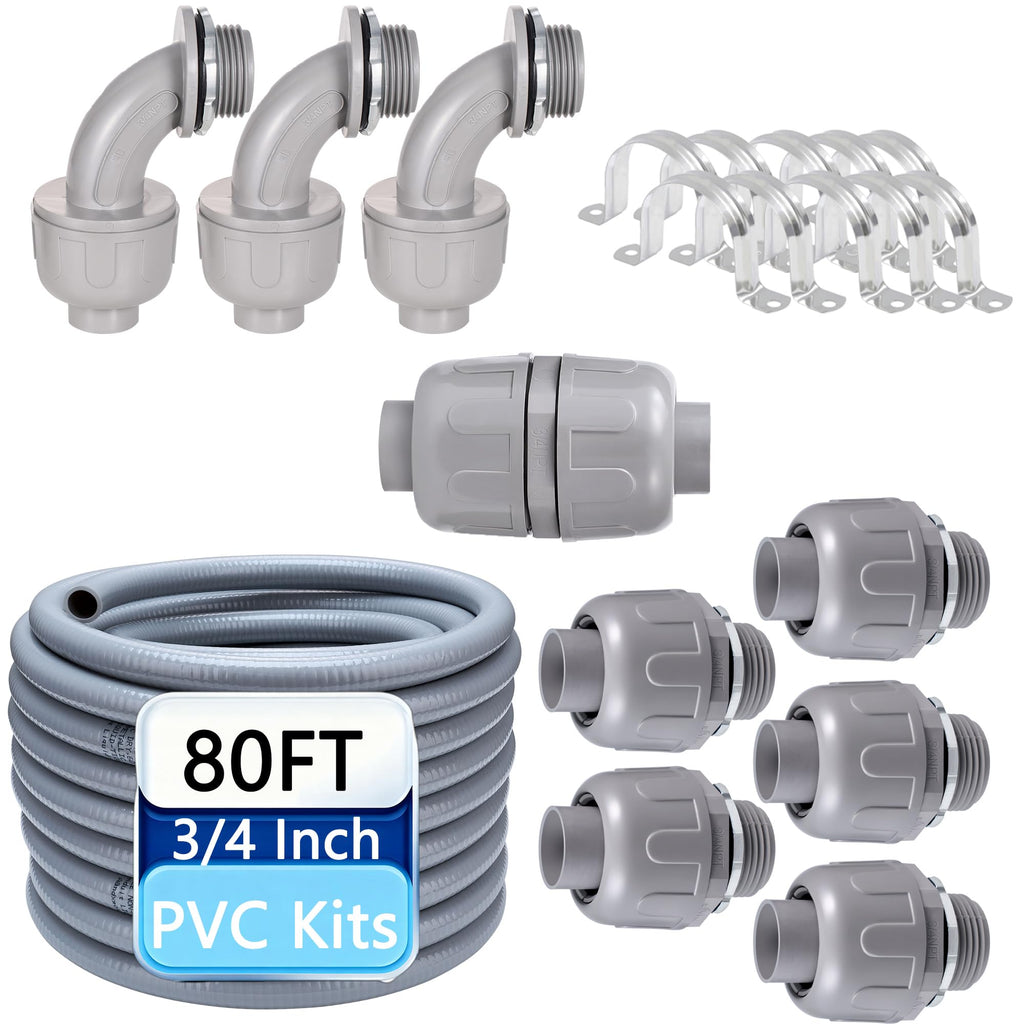 80FT 3/4" NPT PVC Liquid Tight Conduit Kit UL 5 Straight 3 Angle Connector