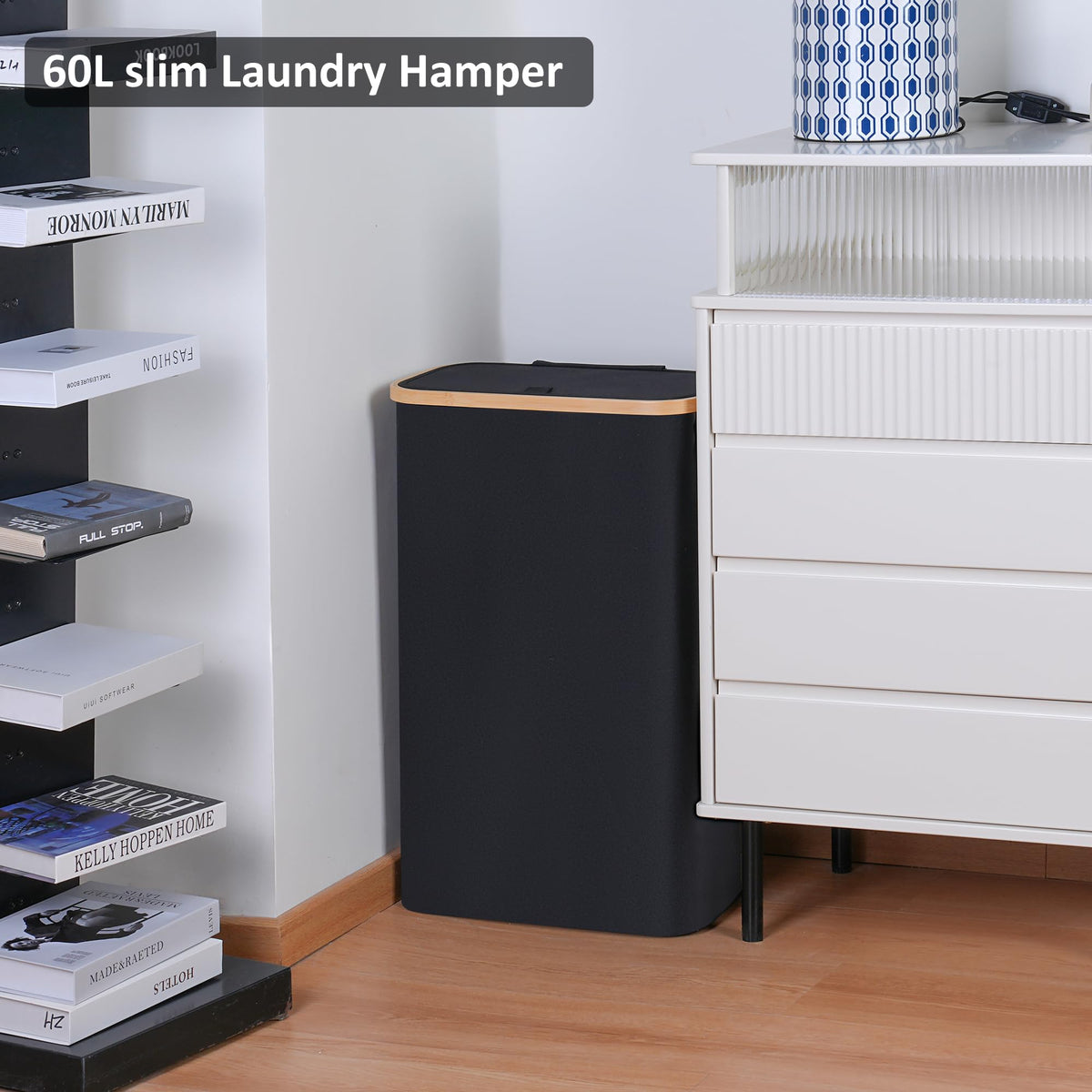 60L Slim Laundry Hamper,Laundry Basket with Lid,Tall Hamper for Laundry,Dirty Cloth Hamper with Bamboo Handle for