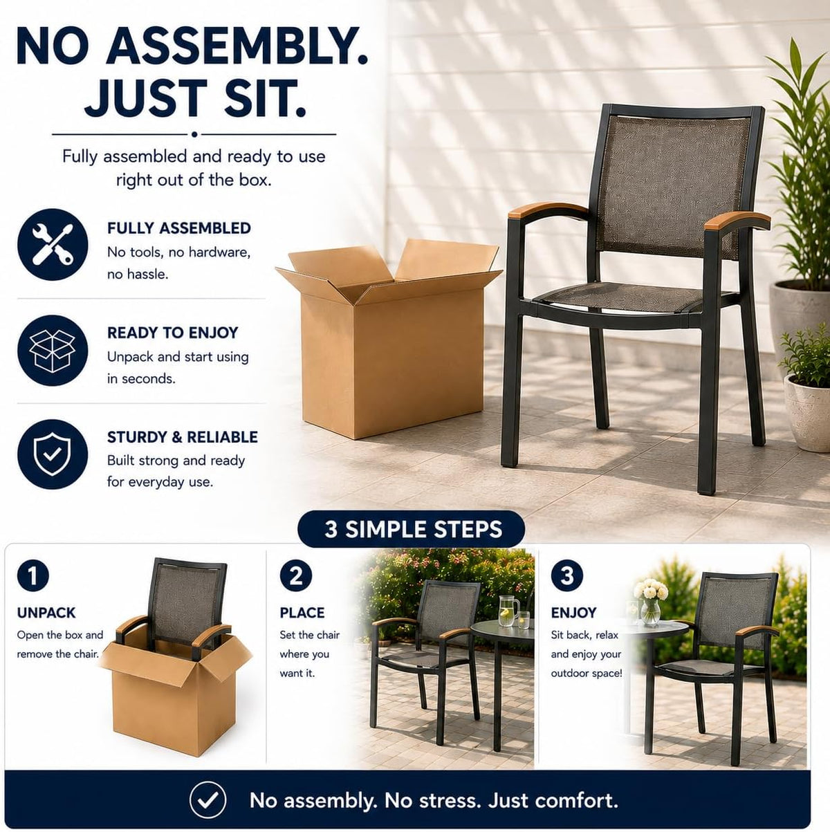 Aluminum Patio Dining Chairs Set of 4, Stackable Outdoor Armchairs