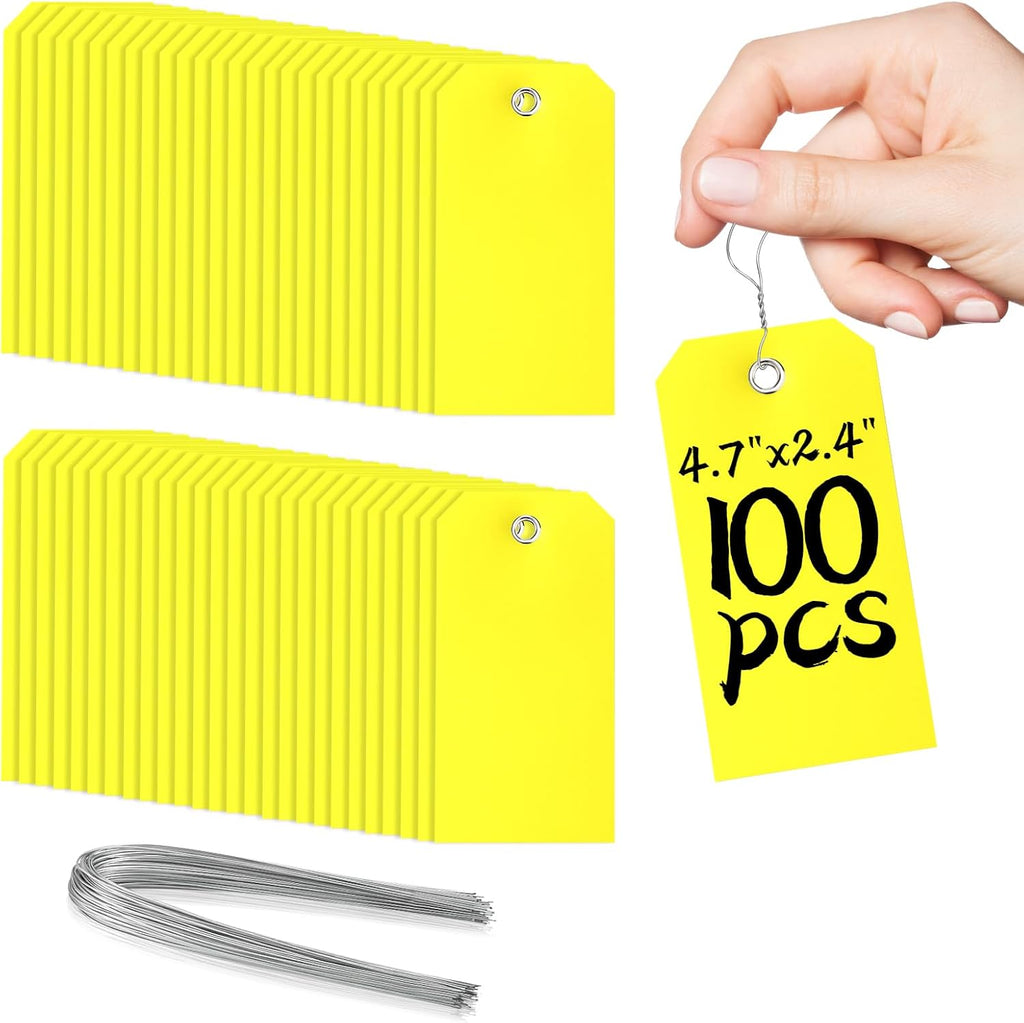 100Pcs Yellow Plastic Shipping Tags, 4 3/4" x 2 3/8", Writable, Durable, Waterproof