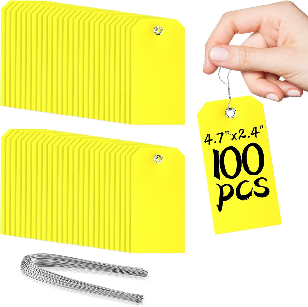 100Pcs Yellow Plastic Shipping Tags, 4 3/4" x 2 3/8", Writable, Durable, Waterproof