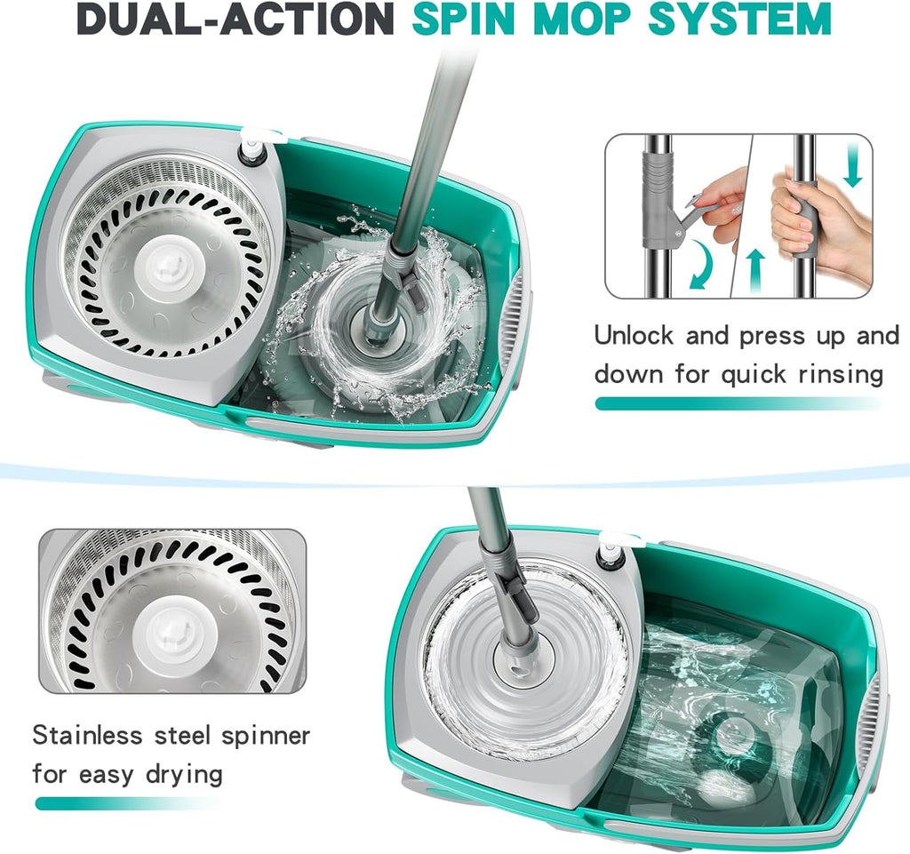 Mop and Bucket Set with Wringer, Spin Mop Floor Cleaning System with 6 Replacement Microfiber Heads & 61" Extra-Long