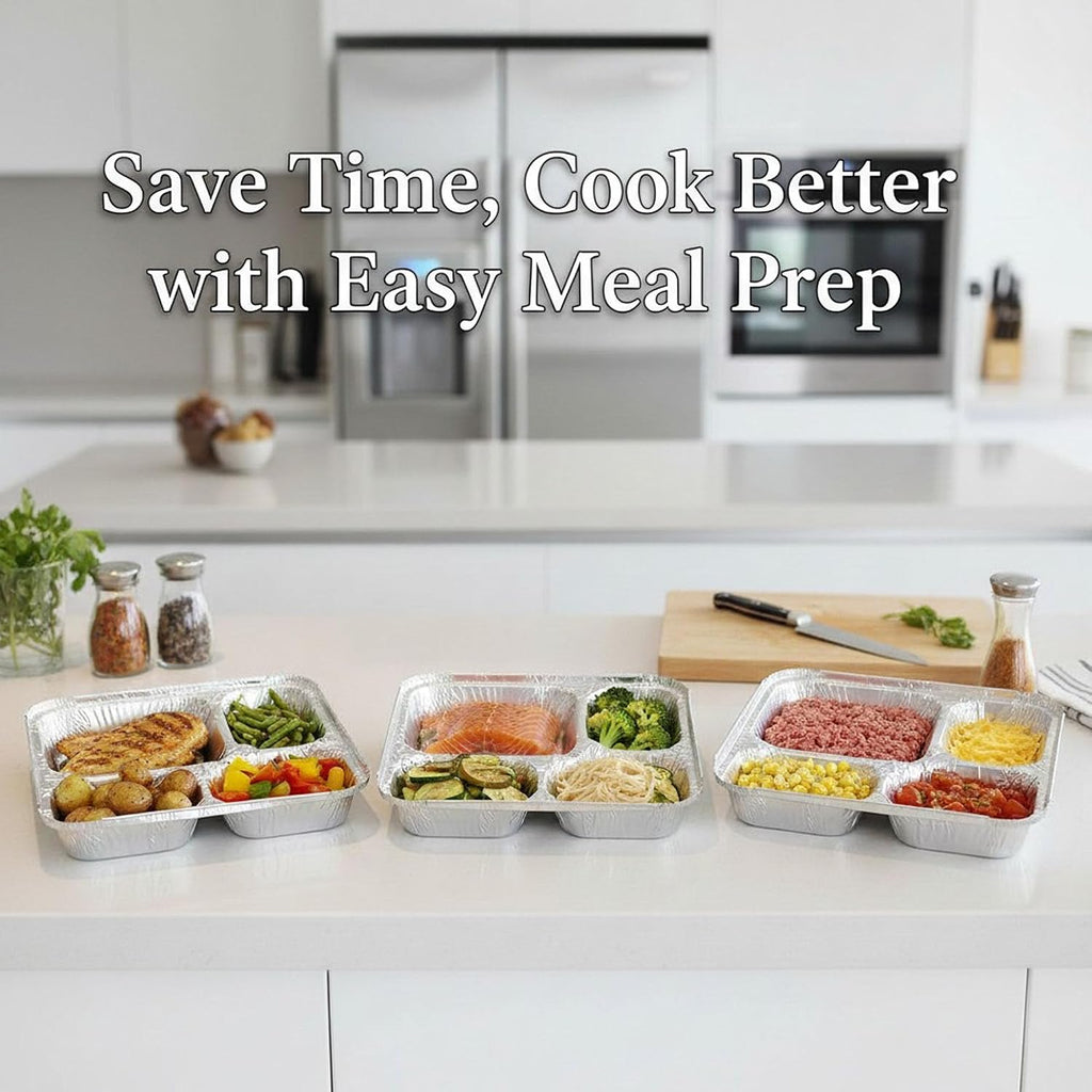 20 Pack 9.6 x 8.5 Inch 4-Compartment Disposable Aluminum Foil Trays with Lids, Oven Safe Food Containers for Takeout
