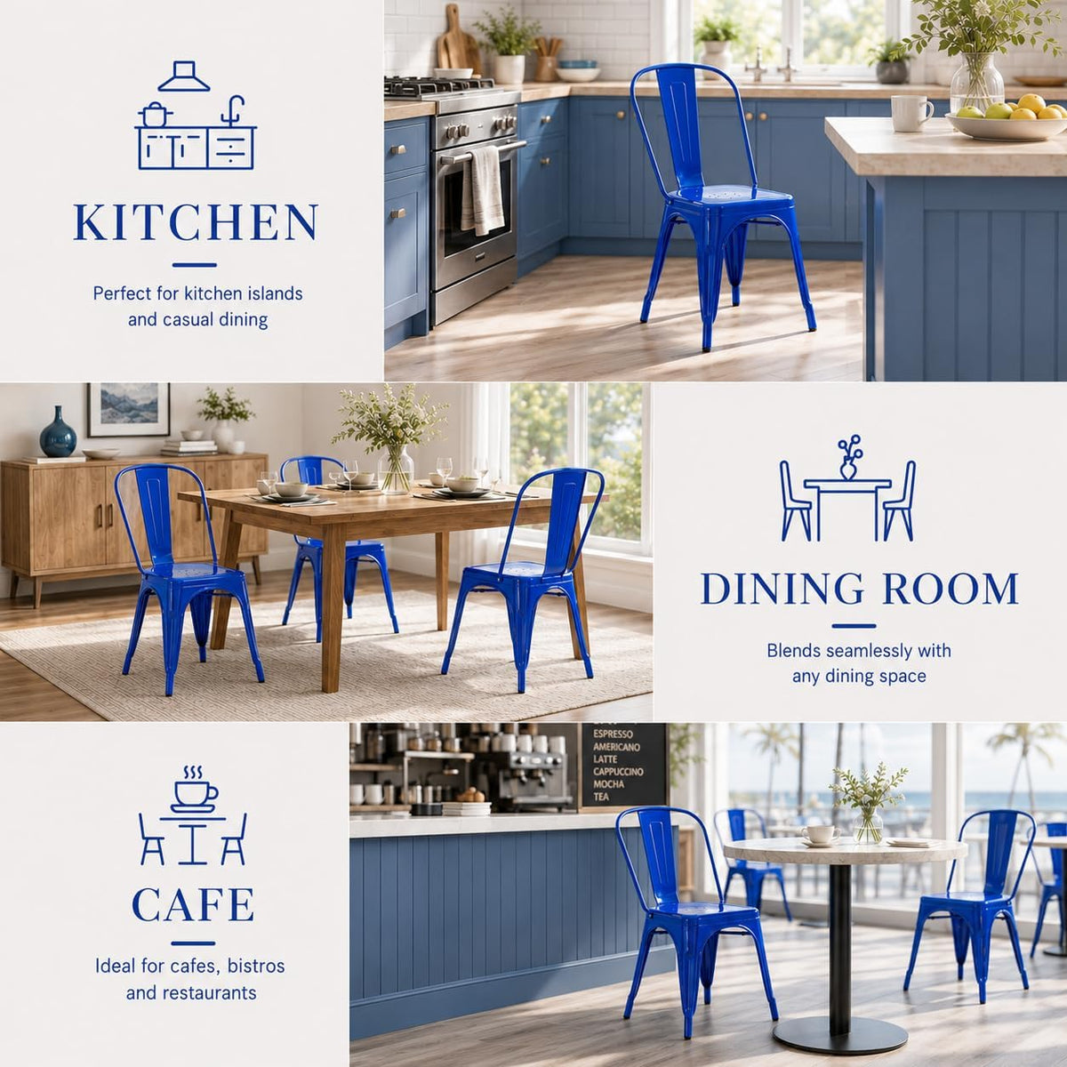 Modern Glossy Sapphire Blue Metal Dining Chairs, Set of 6