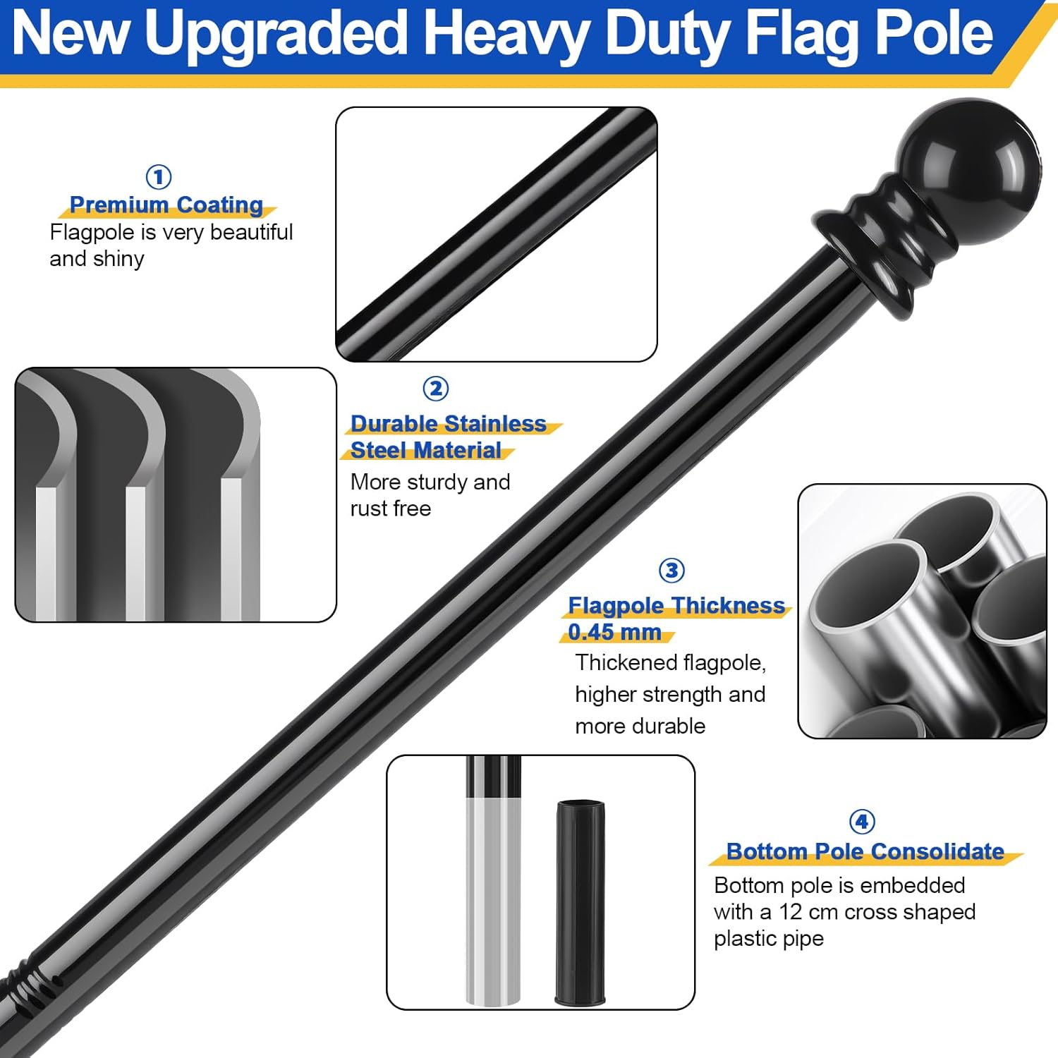Flag Pole for Outside House, Heavy Duty Metal Flagpole for Residential, Outdoor or Porch, Stainless Steel Flag Poles