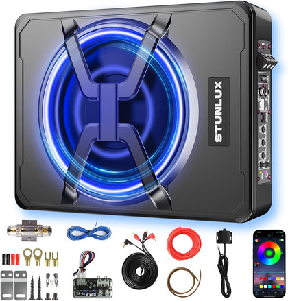 10 Inch 800W Under Seat Car Subwoofer,Full Cast Aluminum Under Seat Powered Subwoofer,Built-in Amp & APP LED Light