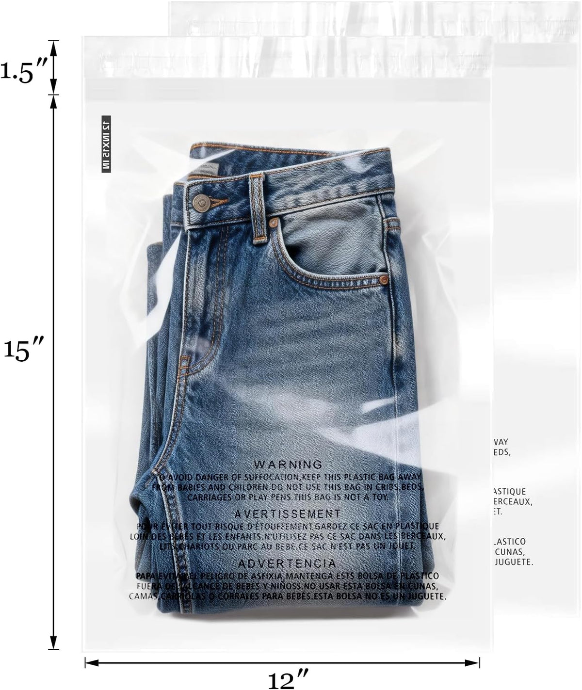100 Count 12"x15" Strong Self Seal Clear Poly Bags with Suffocation Warning for Packaging, Shipping, T-Shirts