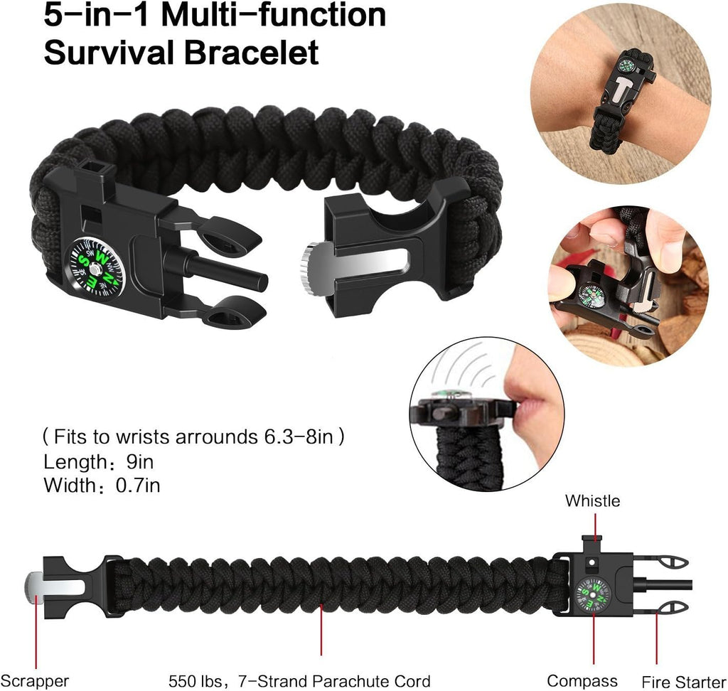 Emergency Survival Kit 13 in 1, Outdoor Survival Gear Tool with Survival Bracelet, Fire Starter, Whistle, Wood