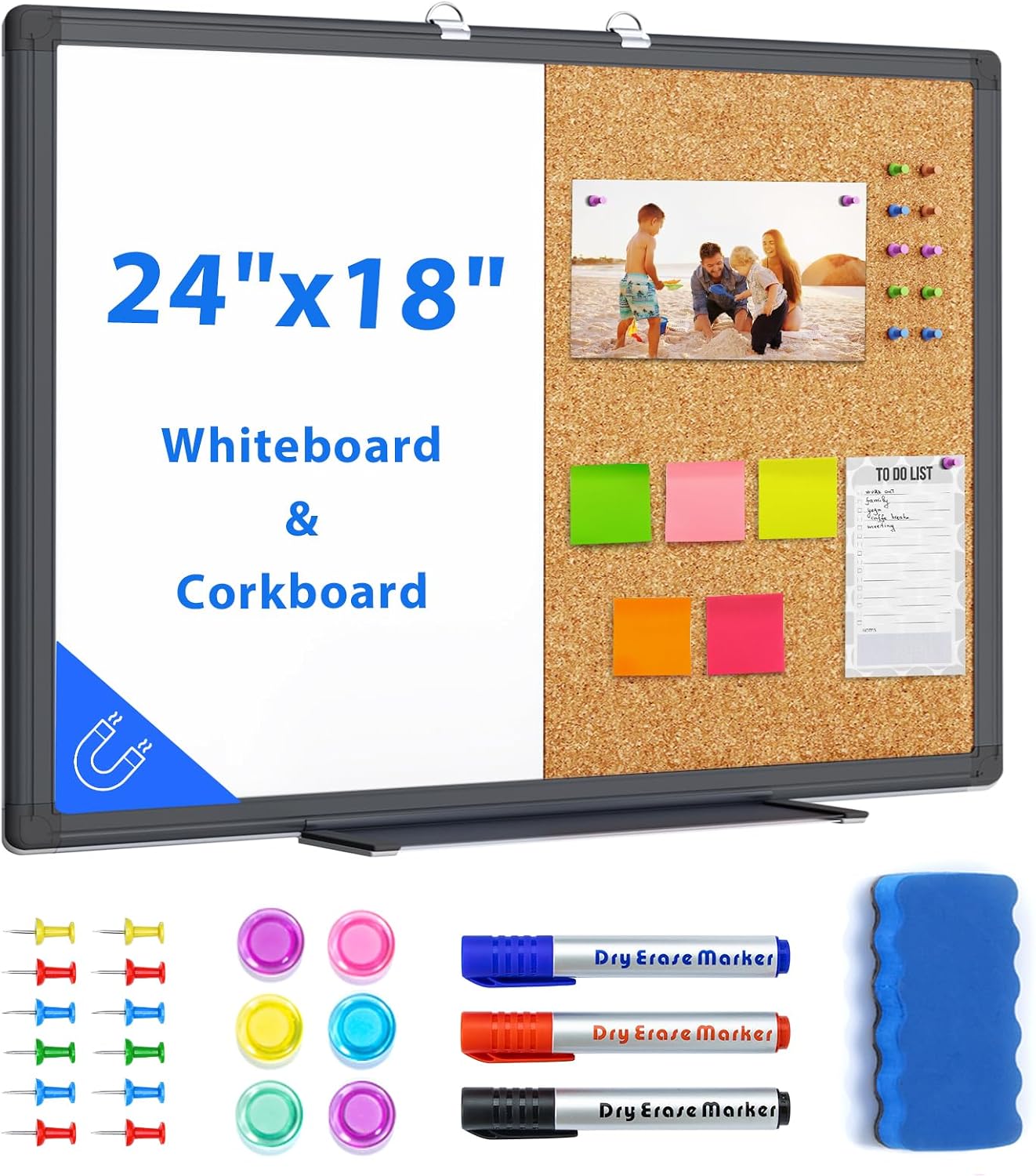 Combination White Board & Bulletin Cork Board 24 x 18 Whiteboard Magnetic, Combo Dry Erase Board with Black Aluminum