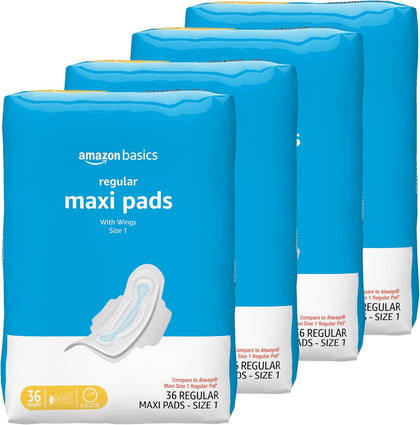 Thick Maxi Pads with Wings for Periods, Regular Absorbency, Feminine Pads, Unscented, Size 1, 144 Count