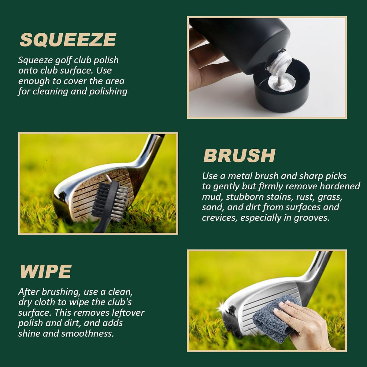 Golf Club Cleaning Kit 3-in-1 with Golf Club Cleaner Brush, Towel and 200g Golf Club Polish - Golf Club Care Kit for