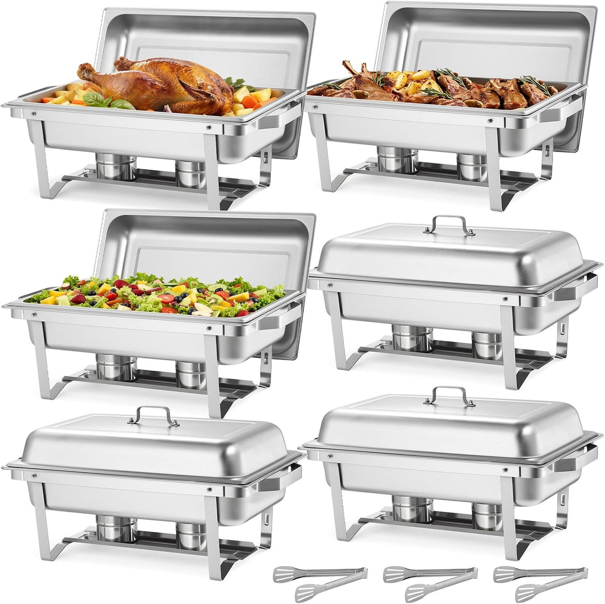 Rectangle Chafing Dishes, 9 Qt 6 Pack Stainless Steel Chafing Dish, Food Warmer Chafer Complete Set with Hollow