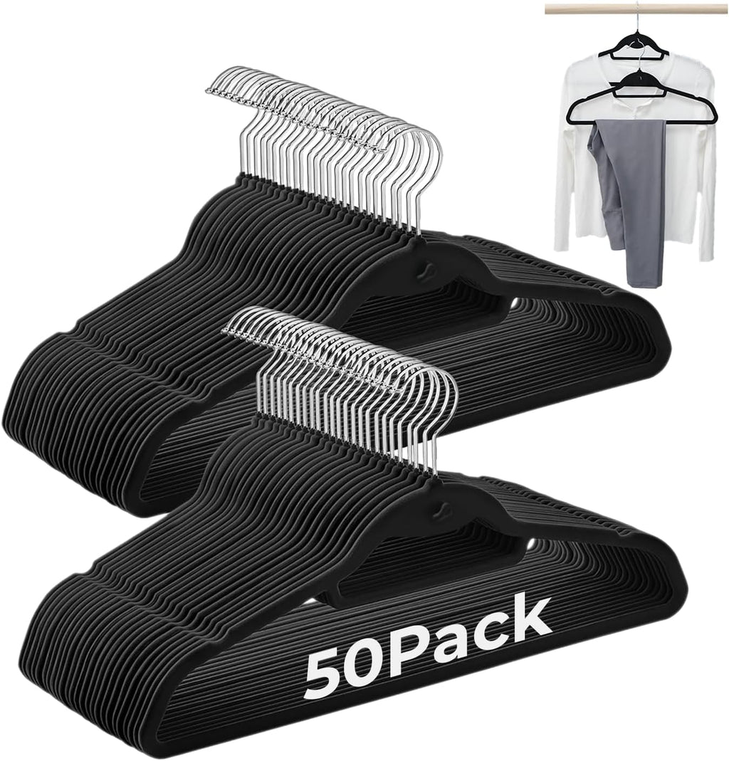 Black Velvet Hangers, Stackable Hanger with Non Slip Felt Fabric | Ultra Thin and Space Saving with 360° Swivel Hook