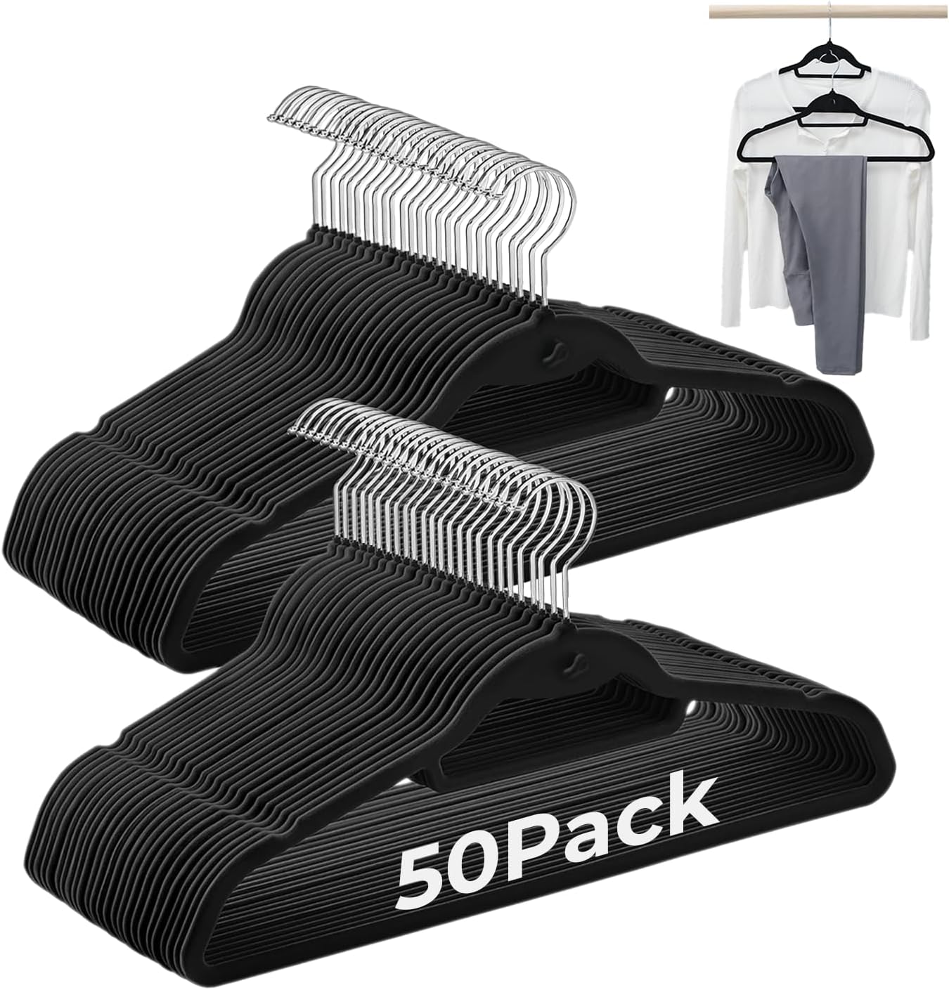 Black Velvet Hangers, Stackable Hanger with Non Slip Felt Fabric | Ultra Thin and Space Saving with 360° Swivel Hook