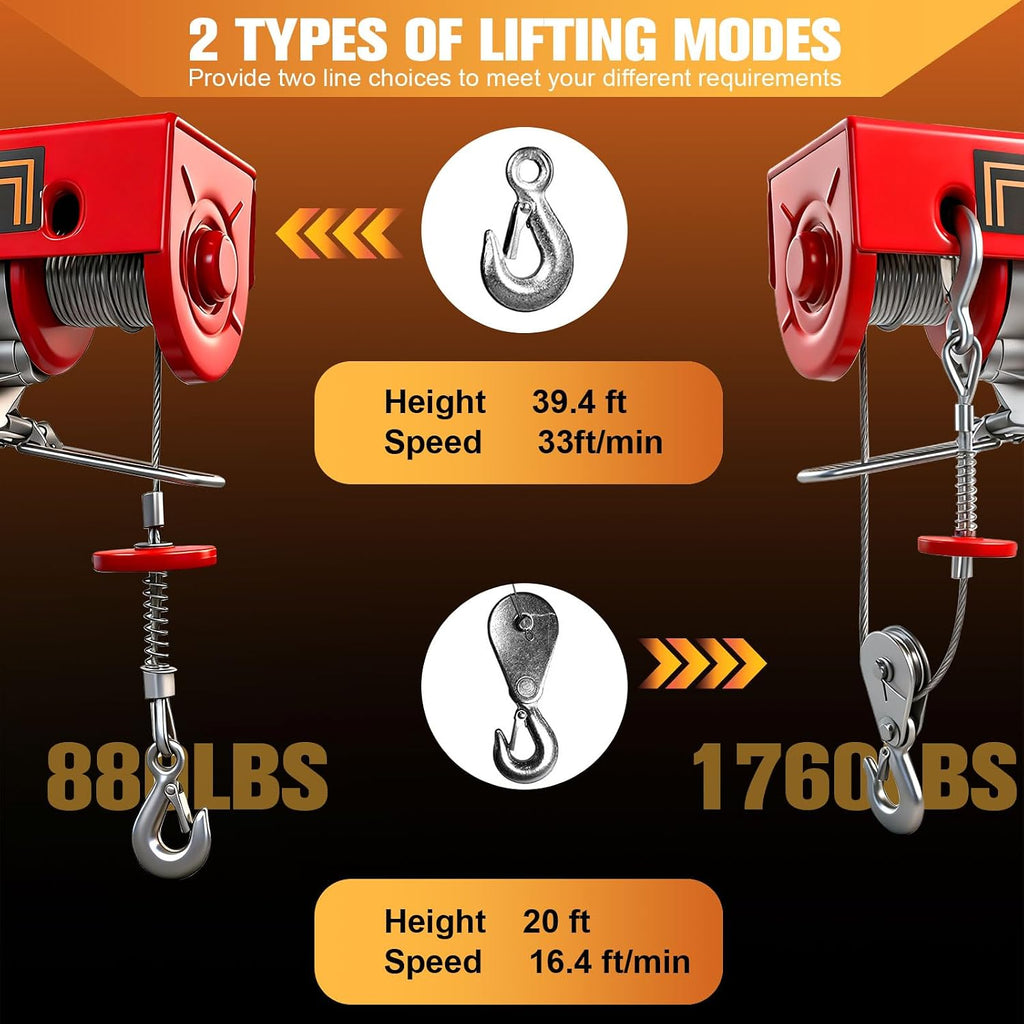 Electric Hoist,1760Lbs Winch with Remote Control,Electric Winch Single/Double Slings 38ft Lifting Height with