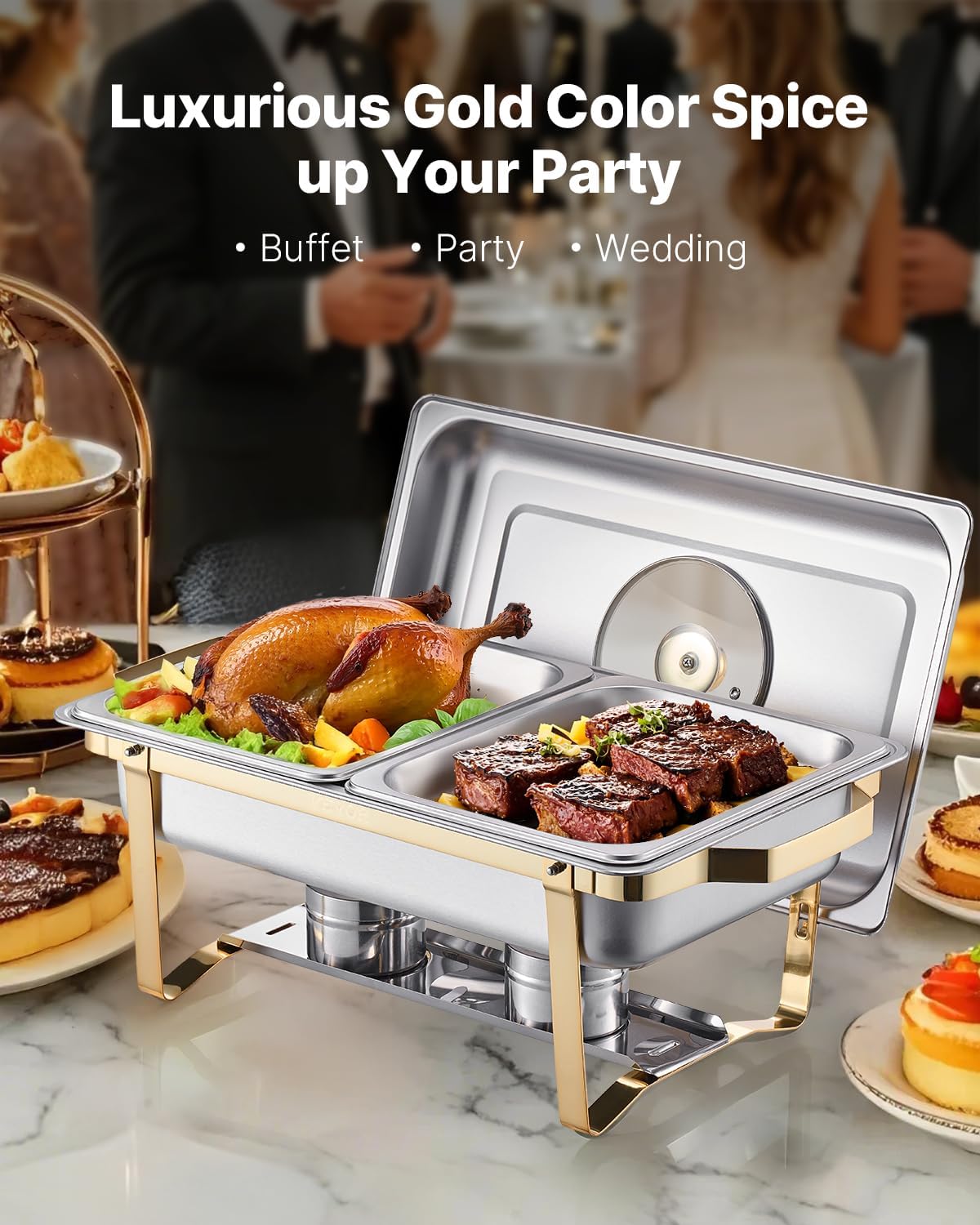 Chafing Dish Buffet Set,8 Qt 2 Pack, Stainless Steel Chafer with 4 Half Size Pans, Rectangle Catering Warmer Server