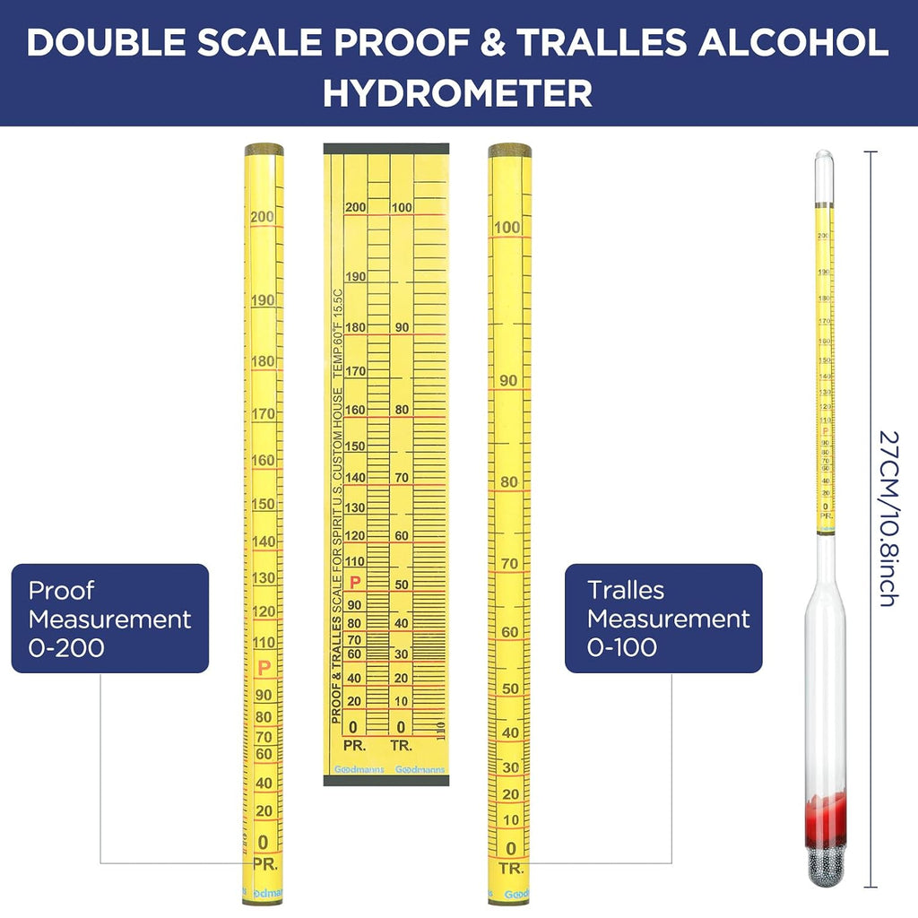 Hydrometer Alcohol Meter Test Kit 0-200 Proof with Glass Cylinder, Brush and Dust Cloth, Distilling Moonshine