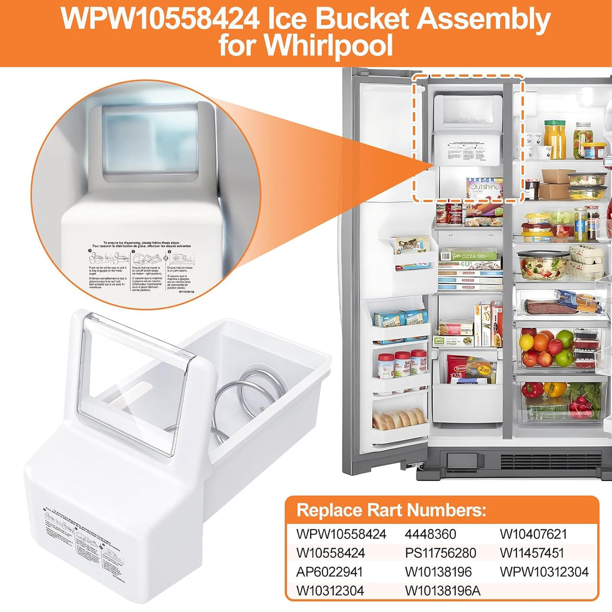 Upgraded WPW10558424 Refrigerator Ice Bucket for Whirlpool Ice Bucket Replacement W10558424 WRS321SDHZ08 Parts Replacement Ice Maker Whirlpool Ice Bin WRS321SDHZ05 WRS321SDHZ01 Ice Tray Container