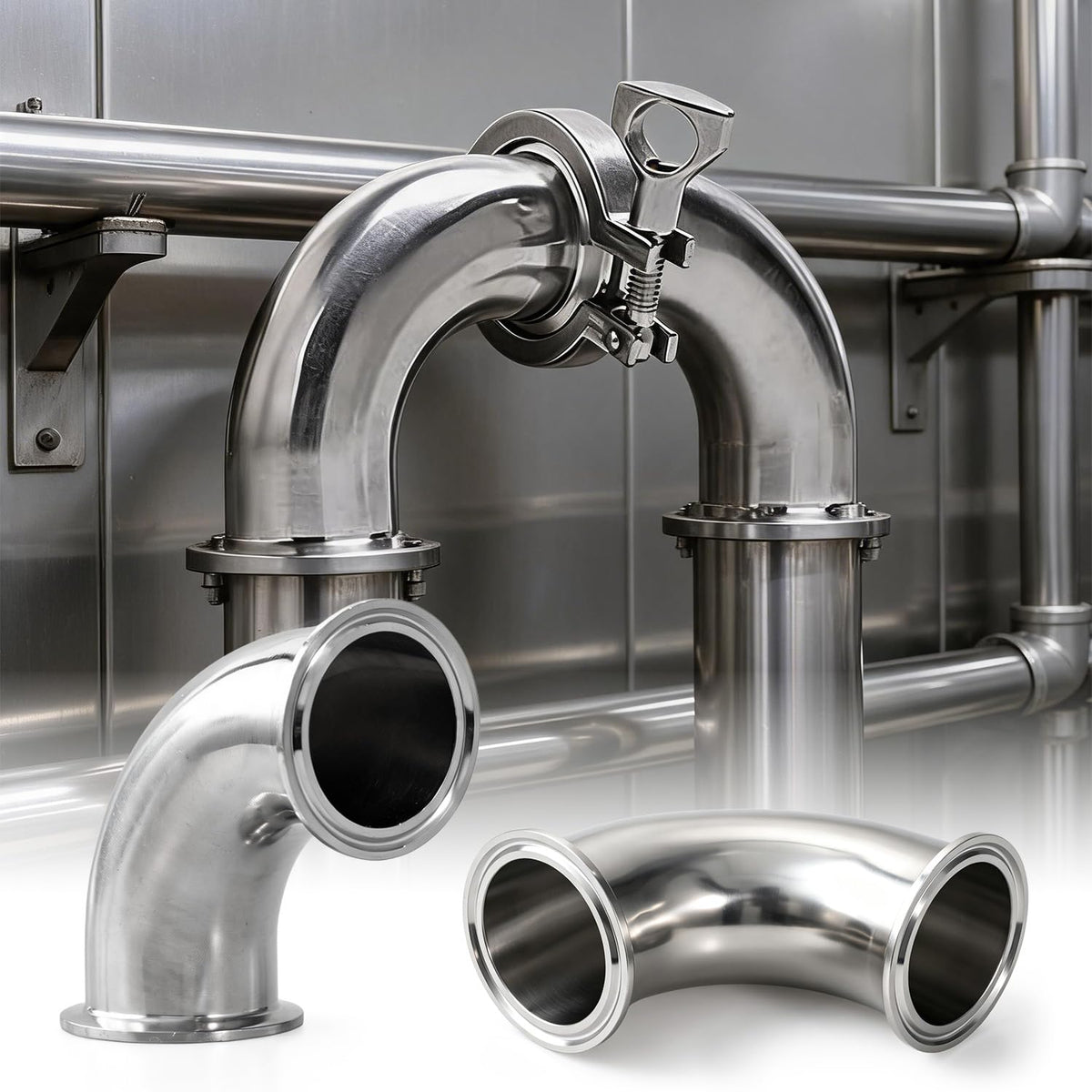 2 Pack 90 Degree Sanitary Elbow Stainless Steel Tri Clamp Sanitary Pipe Fitting With Silicone Gaskets (1-1/2inch)