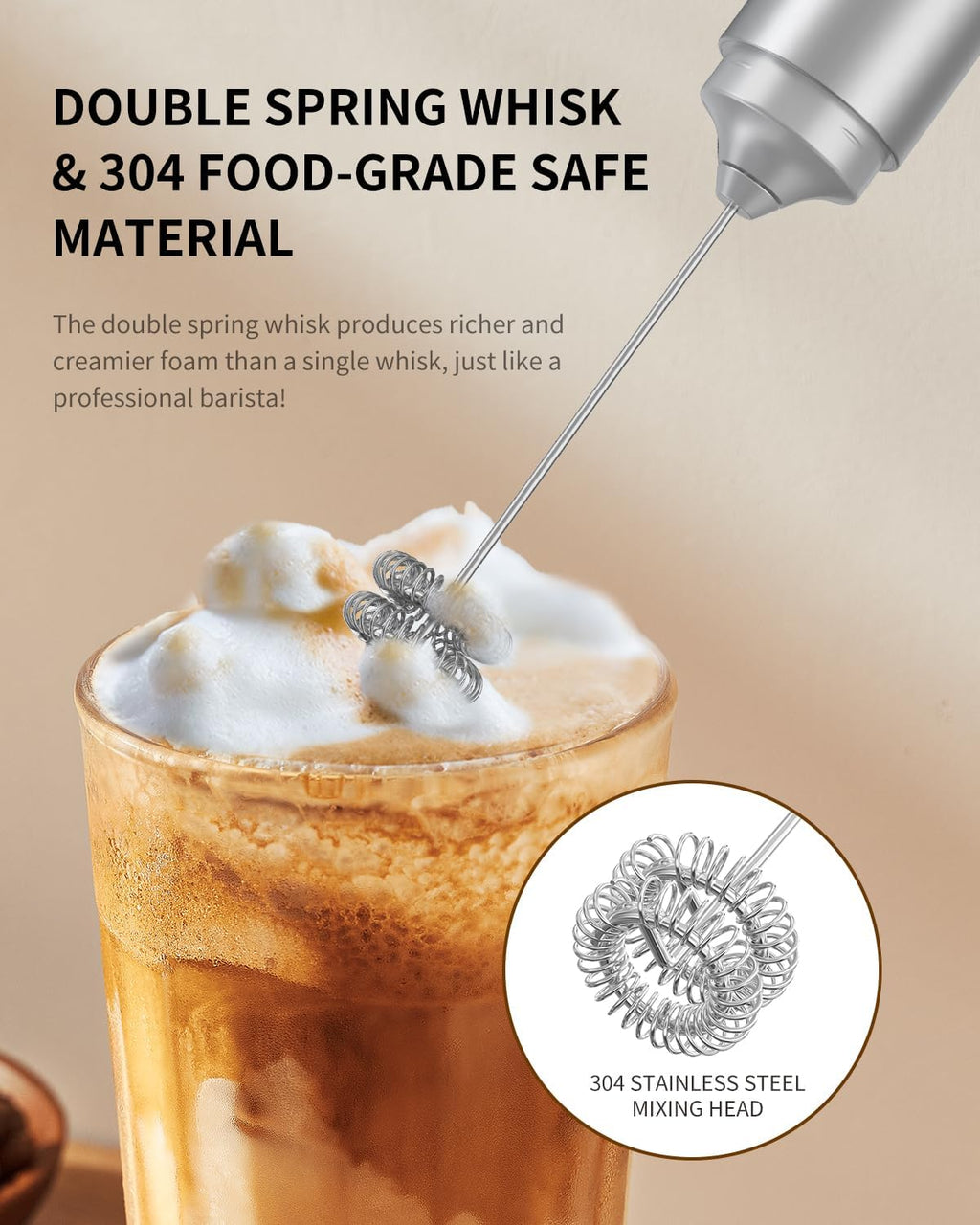 Rechargeable Milk Frother Hanheld, Dual Coil Whisk Head Electric Coffee Frother, Portable Hand Frother Wand Drink