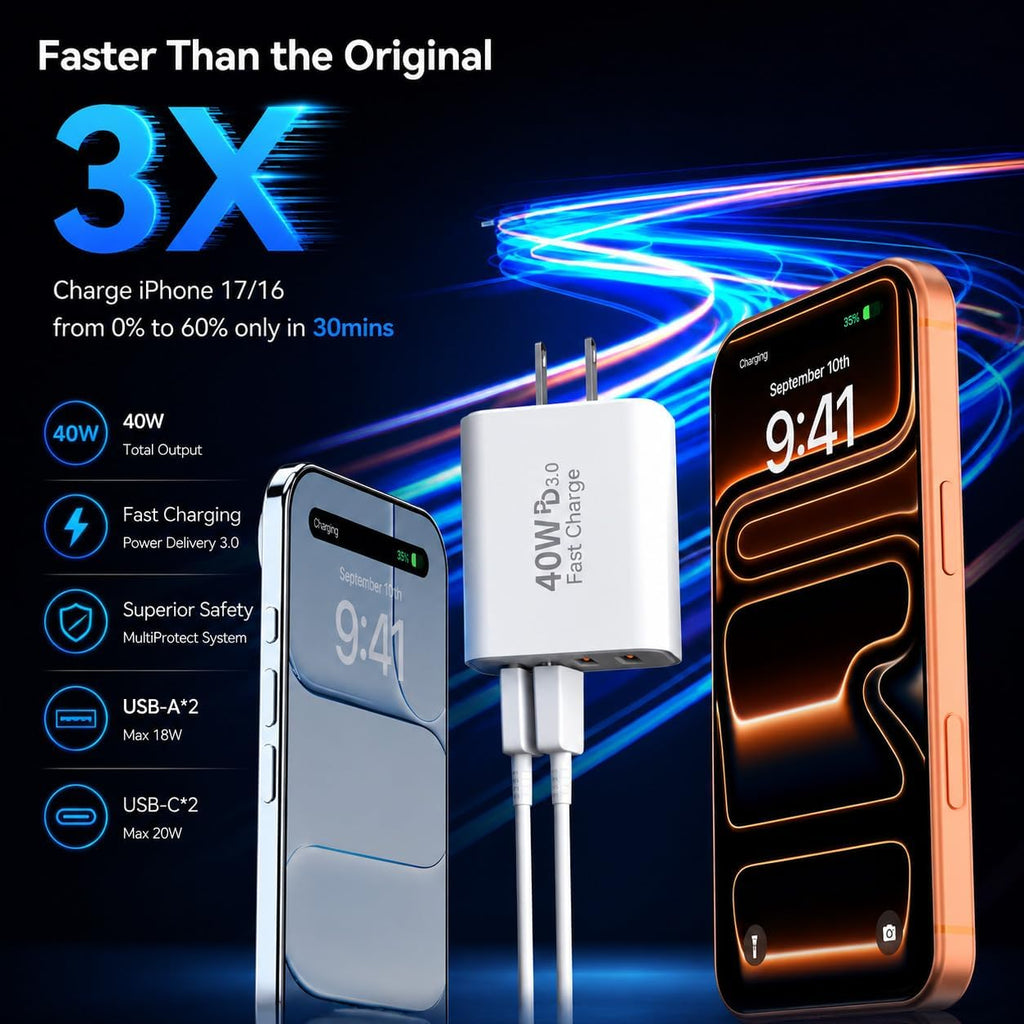USB C Wall Fast Charger Block, 40W 4-Port Type C Charger Fast Charging Blocks PD Power Charger Adapter+QC 3.0 USB