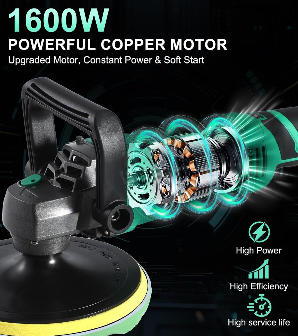 Buffer Polisher, 1600W 7 Inch/6 Inch Pure Copper Motor Car Buffers and Polishers Kit, 7 Variable Speeds 1000-3500 RPM