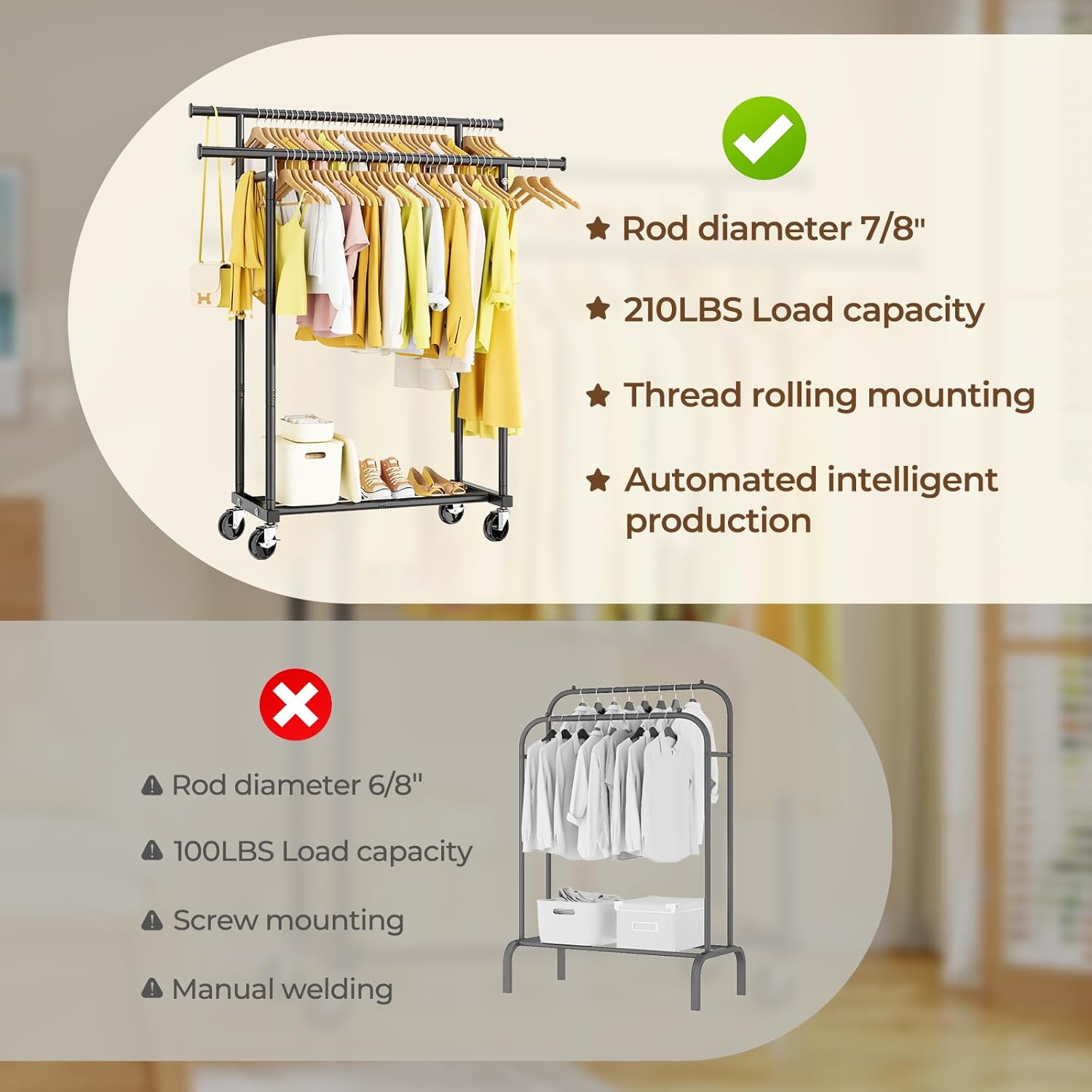 Double Rods Clothes Rack, Rolling Clothing Rack for Hanging Clothes Portable Wardrobe Rack, Metal Garment Rack Sturdy