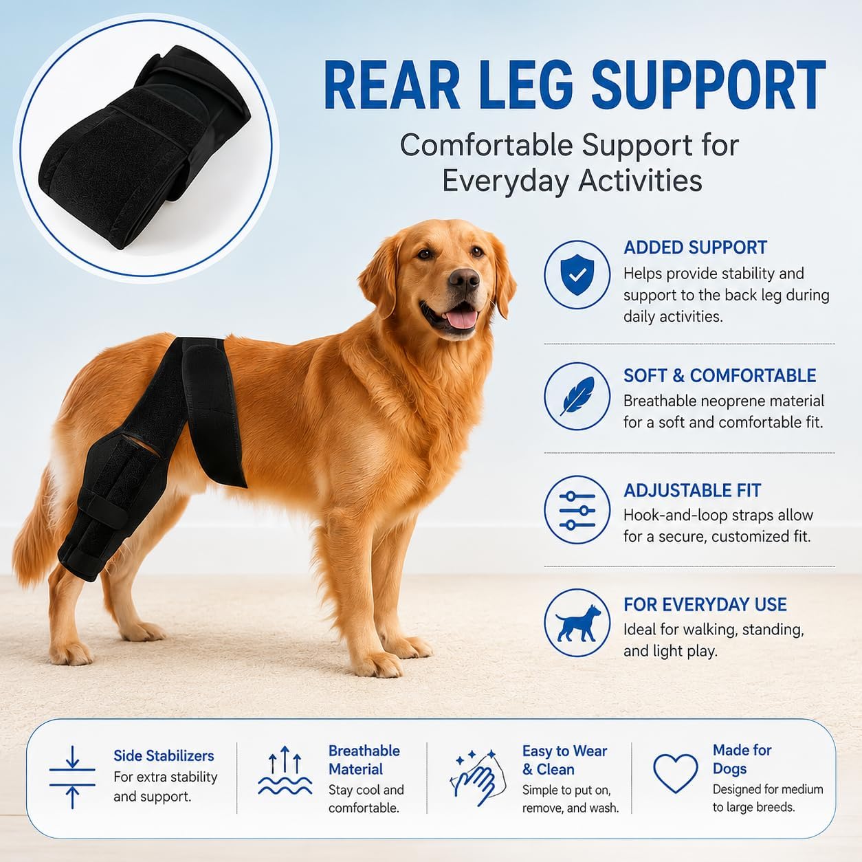 Dog Knee Brace for Back Leg – Large, Adjustable Rear Leg Support Wrap with Side Stabilizers, Breathable Neoprene for
