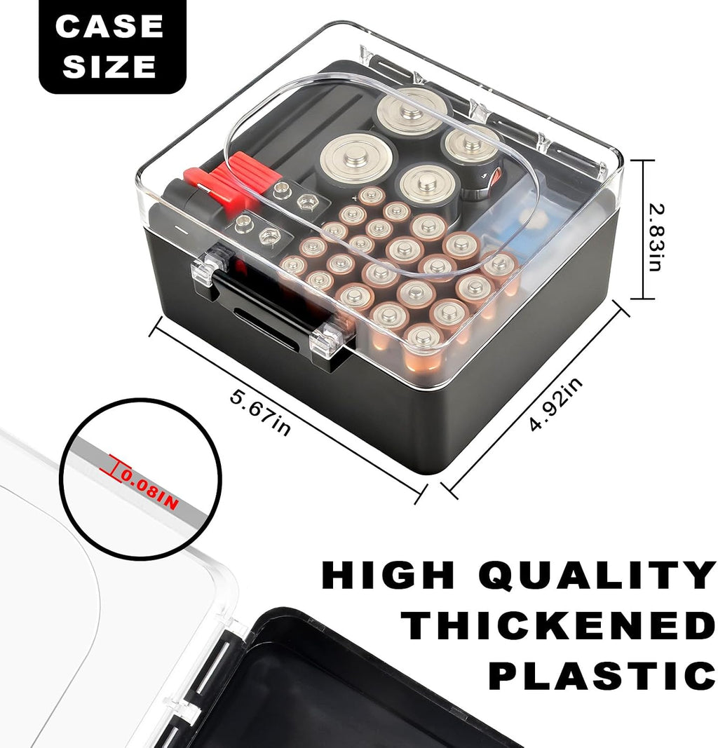 Battery Organizer Storage Case with Tester for AA AAA C D 9V | Clear lid and fitted slots separate mixed sizes;