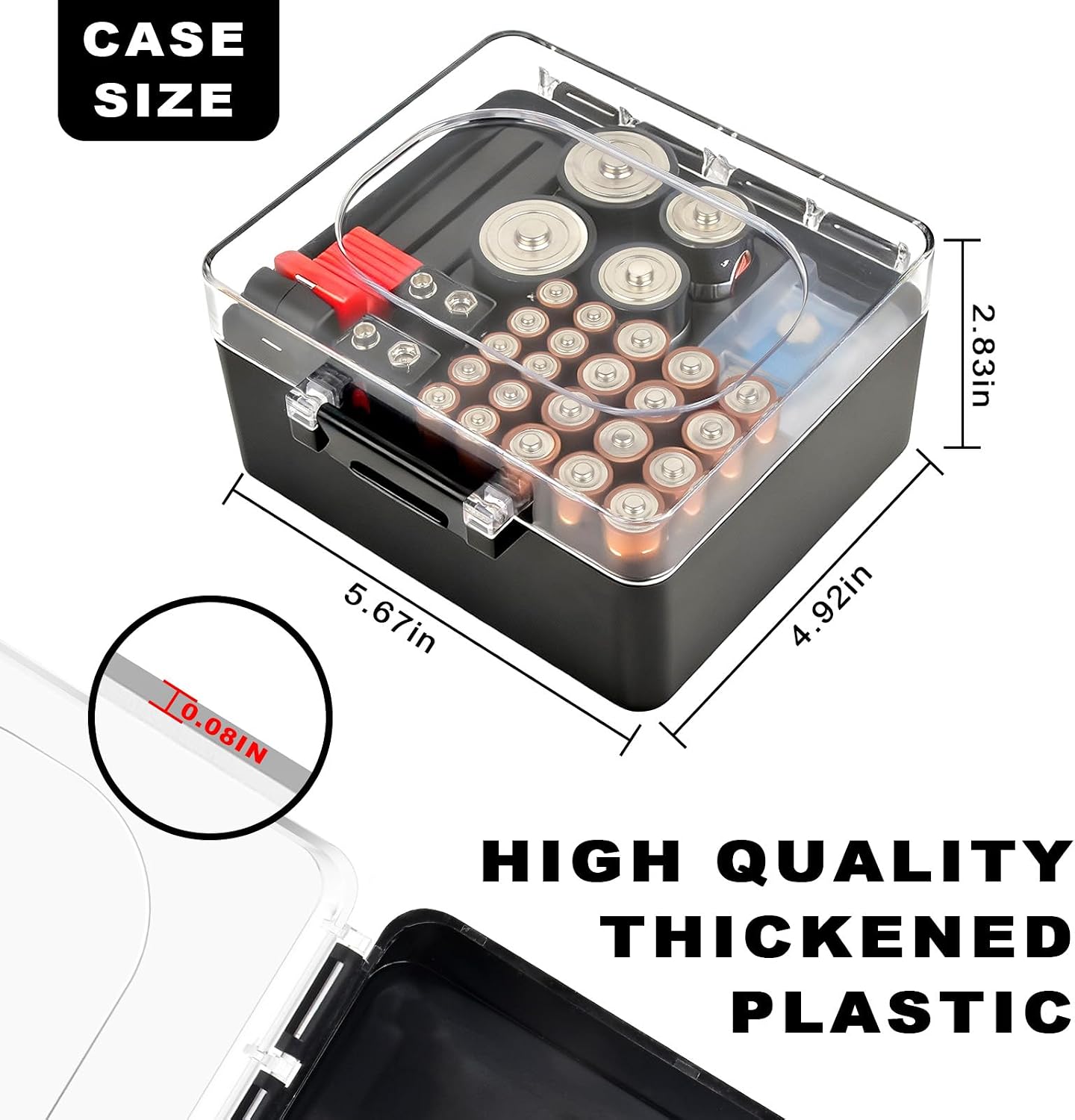 Battery Organizer Storage Case with Tester for AA AAA C D 9V | Clear lid and fitted slots separate mixed sizes;