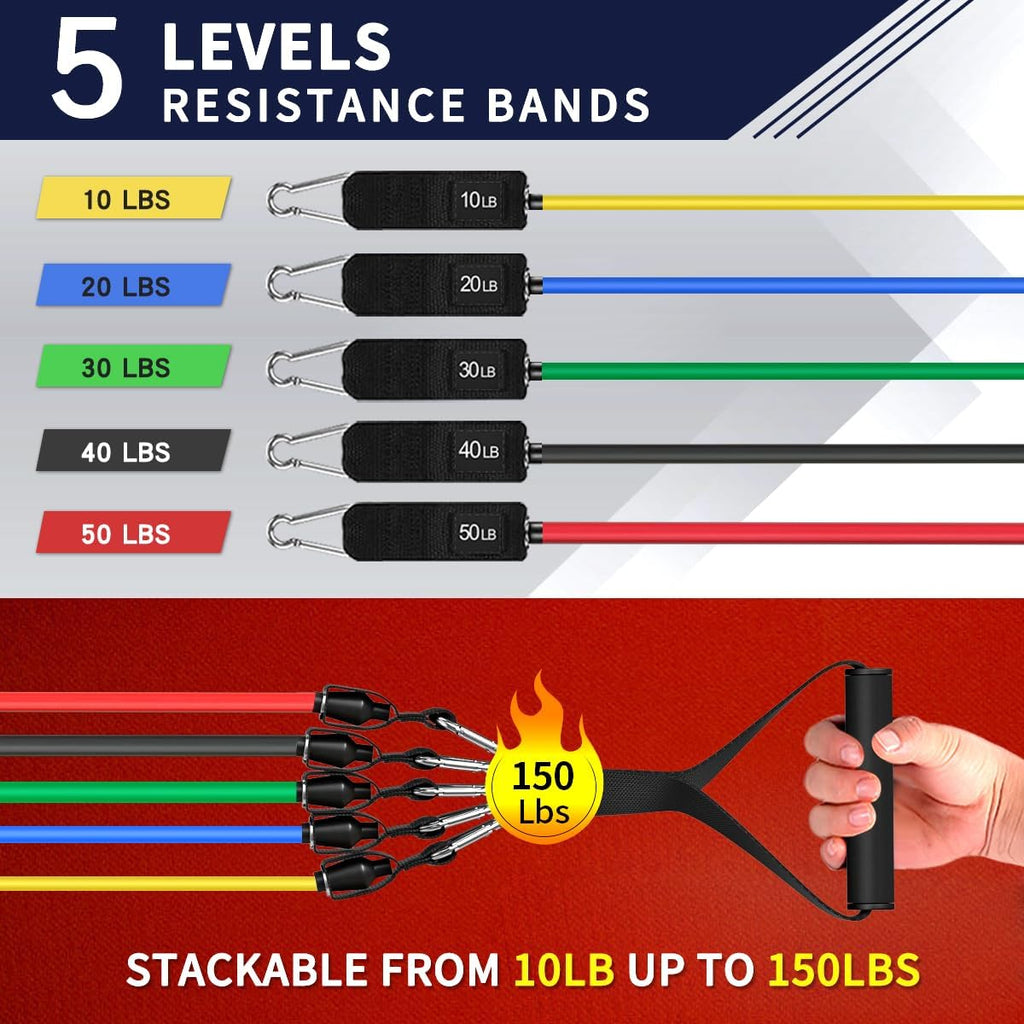 Resistance Bands with Handles, 5-Level Exercise Bands for Workout | Natural latex,10-50 lbs, stackable to 150,Ankle