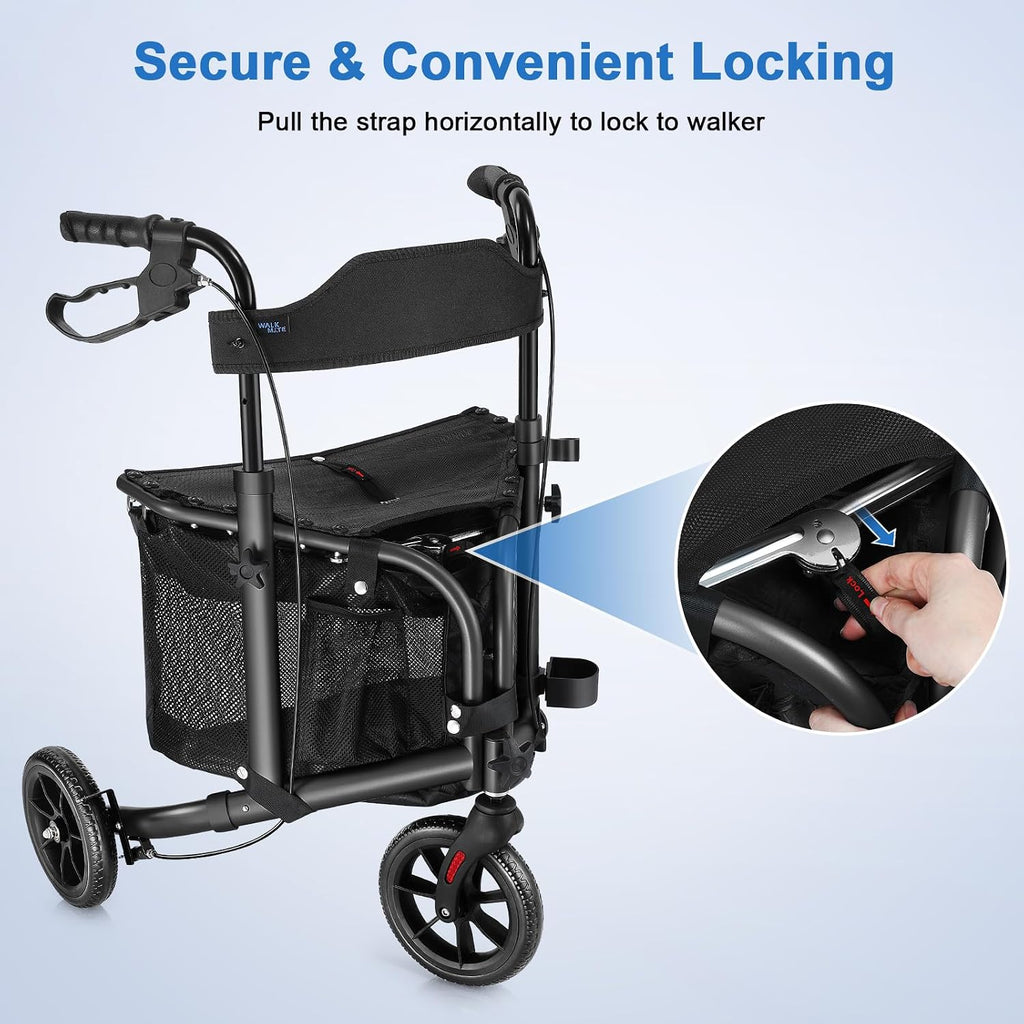 3 Wheel Rollator Walker with Seat for Slim Seniors, Padded Backrest Lightweight Foldable Travel Walker Ideal for