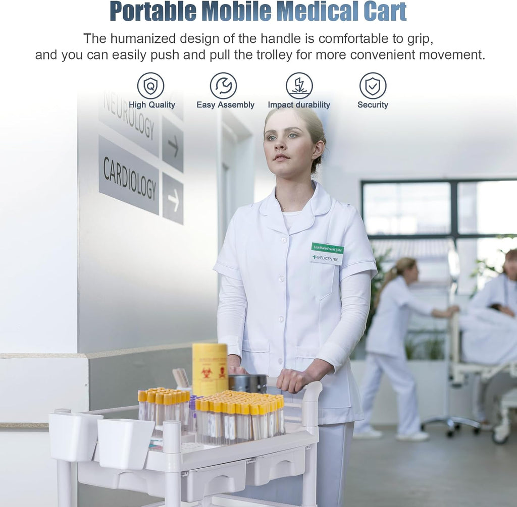 Mobile Medical Cart 3-Tier Professional Utility Cart 330 LBS Max Load | Rolling Crash Cart Ultrasound Trolley, With