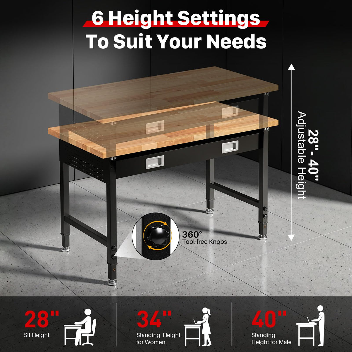 48" Workbench with Drawers, Work Benches for Garage with Strip Light, Adjustable Work Table with Large Pegboard, 2000