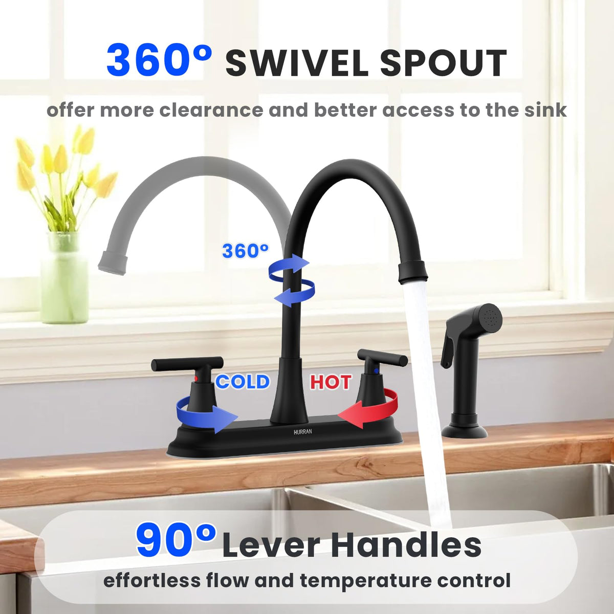 2-Handle Kitchen Faucet with Pull-Out Sprayer, 8" High Arc, Black