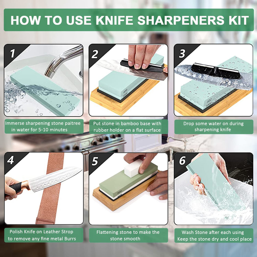 Knife Sharpening Stone Kit - 400/1000 3000/8000 Grit Japanese Whetstone Set with Non-Slip Rubber Base, Angle Guide