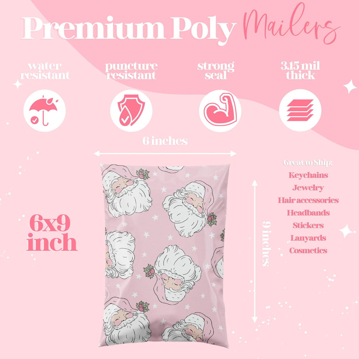 Poly Mailers 6x9, Pink Santa, 100 Pack