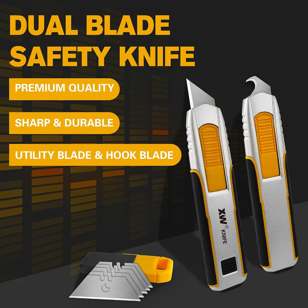 Dual Blade Safety Utility Knife Auto Retractable Box Cutter with Blade Storage, Extra 10 PCS Utility Blades & 10 PCS