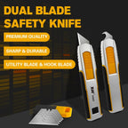 Dual Blade Safety Utility Knife Auto Retractable Box Cutter with Blade Storage, Extra 10 PCS Utility Blades & 10 PCS