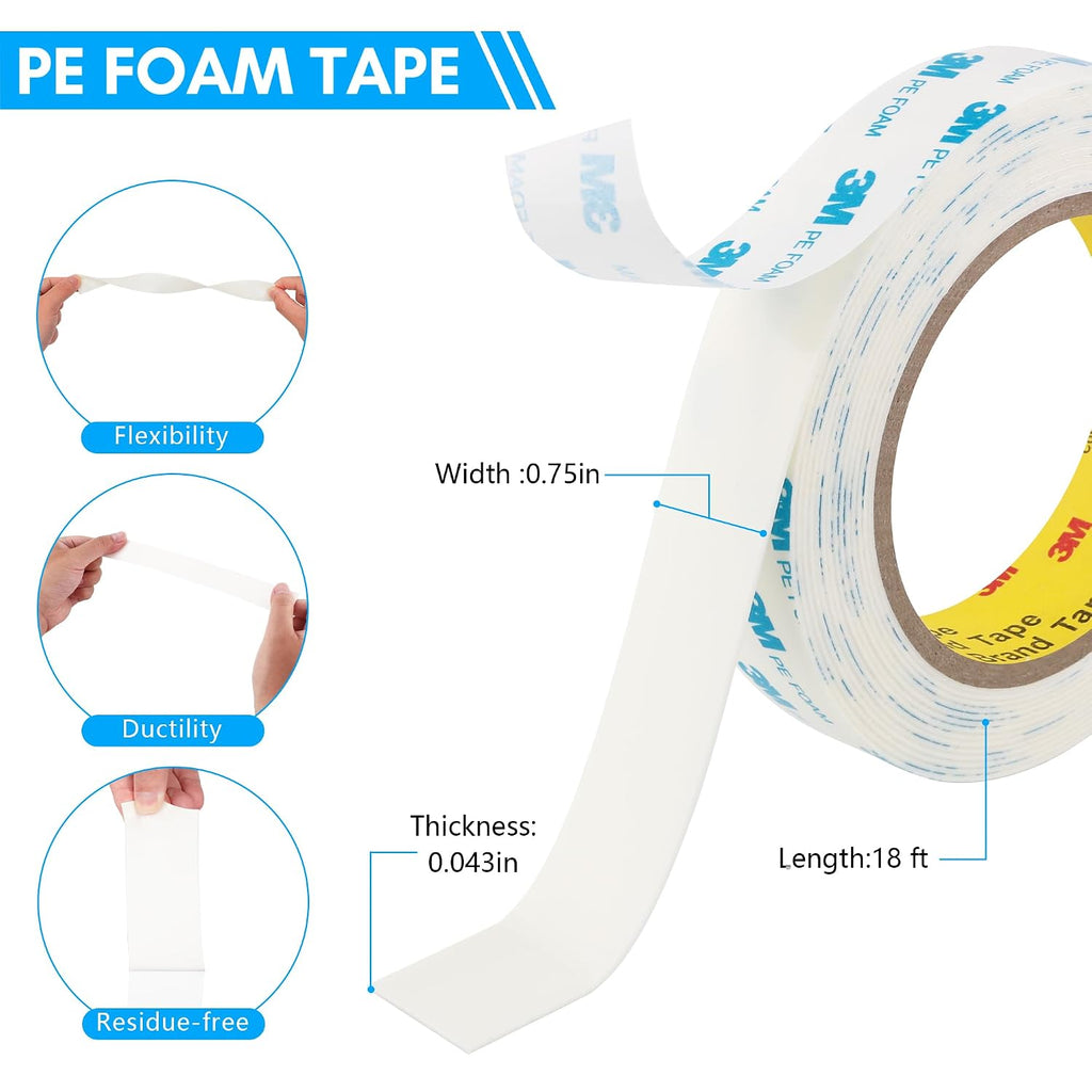 3M 1600T Double Sided Tape, 0.75 in x 18 ft White PE Foam Tape