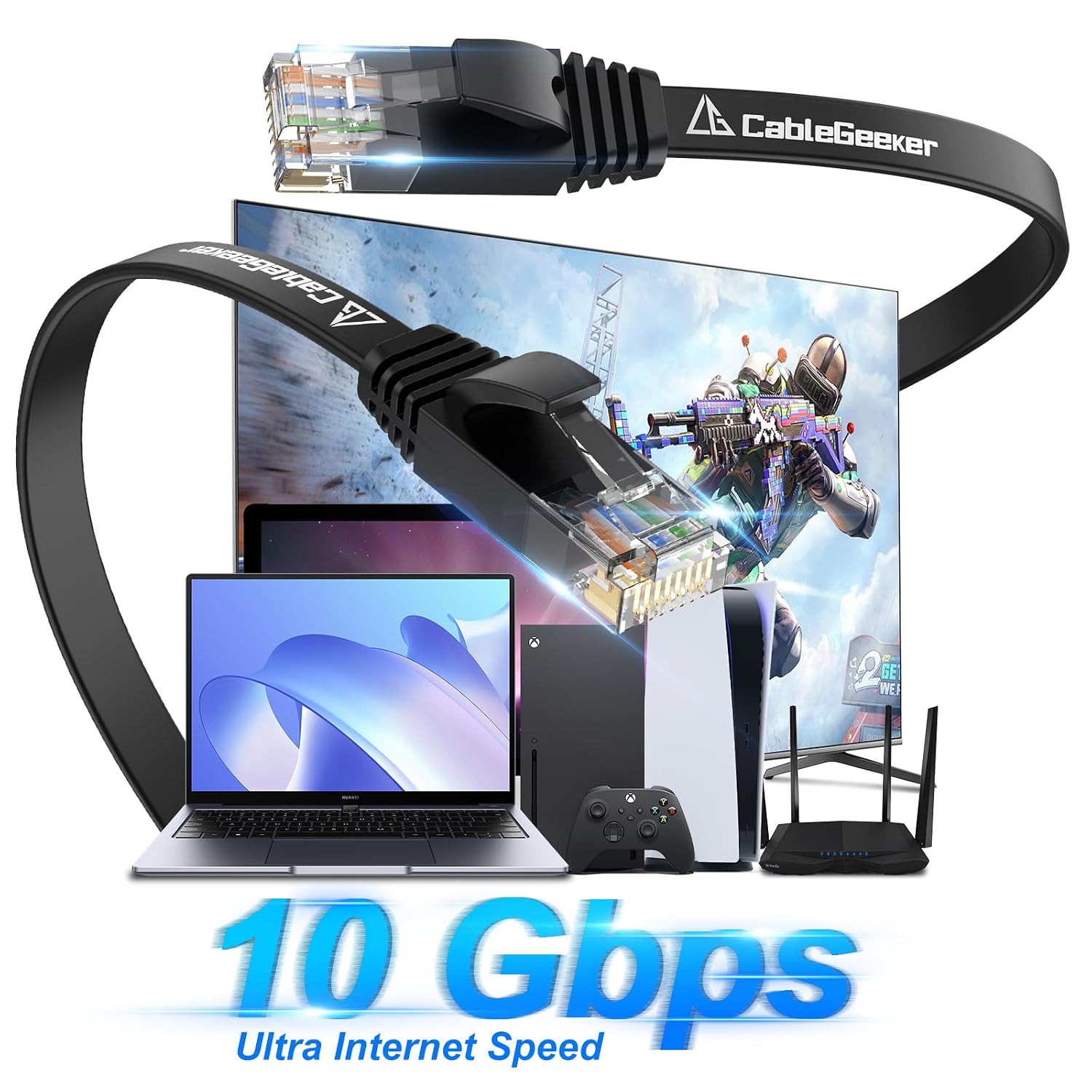 Cat 6 Flat Ethernet Cable 50ft, 10Gbps, Black | 30AWG OFC, 550MHz, Snagless Gold-Plated RJ45, Flat Low-Profile Design