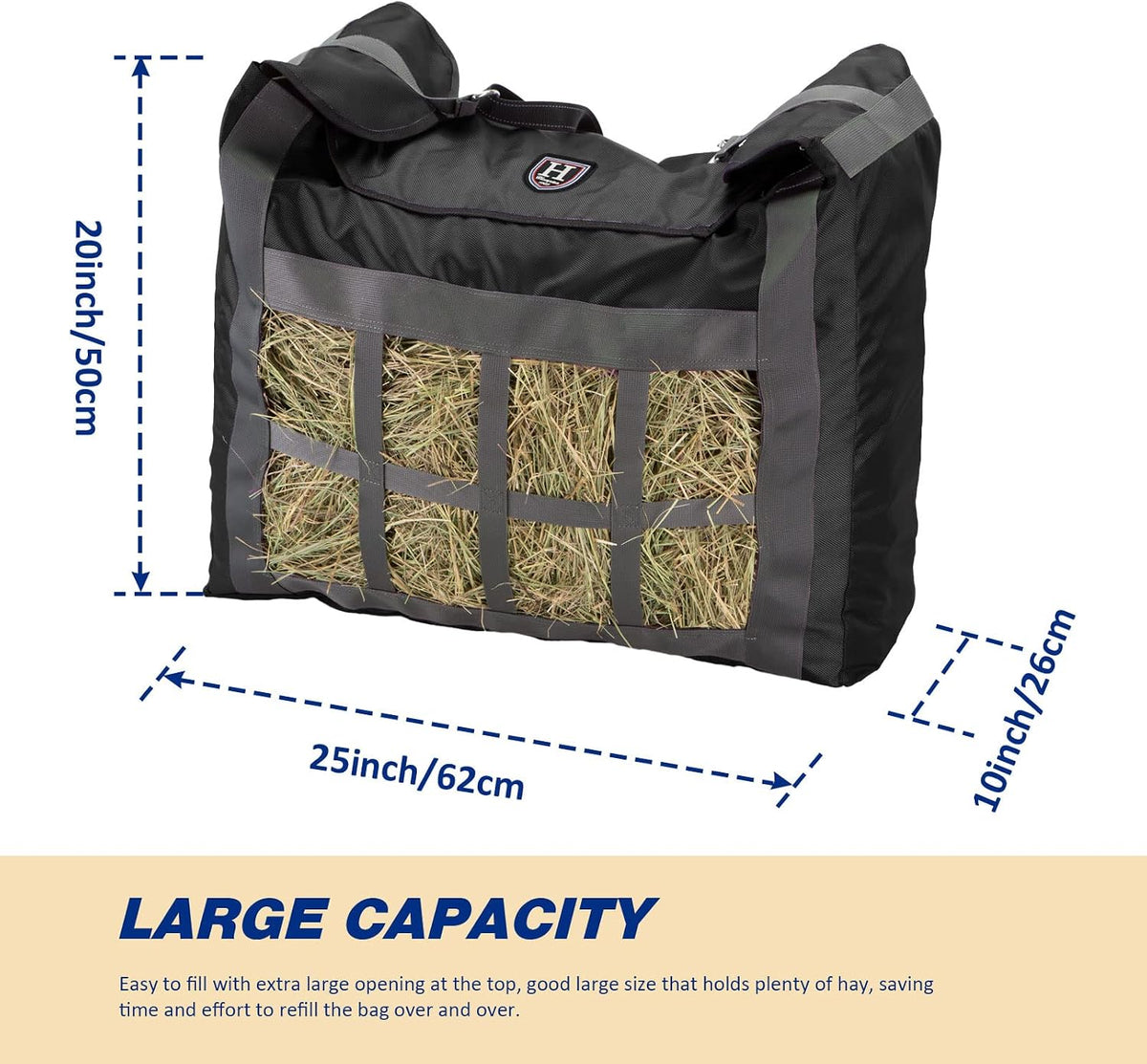 Premium Durable Slow Feed Horse Hay Bags Oxford Cloth Heavy Duty Large Capacity Horse Feeding Bag-Black
