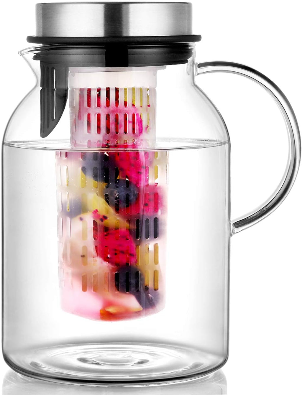 Glass Water Pitcher, Fruit Infuser Pitcher with Removable Lid, High Heat Resistance Infusion Carafe for Hot/Cold