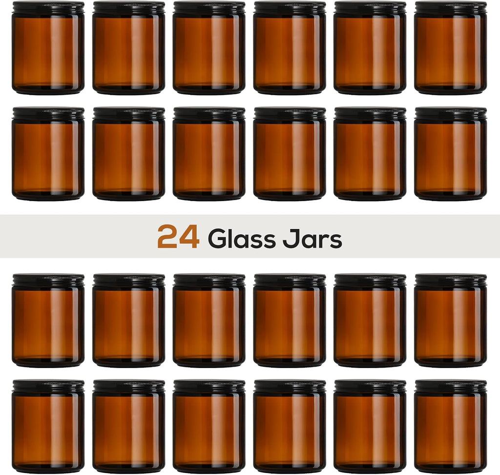 24 Pack, 8 OZ Thick Amber Candle Jars for Making Candle - Round Glass Jars with Lids - Empty Food Storage Containers