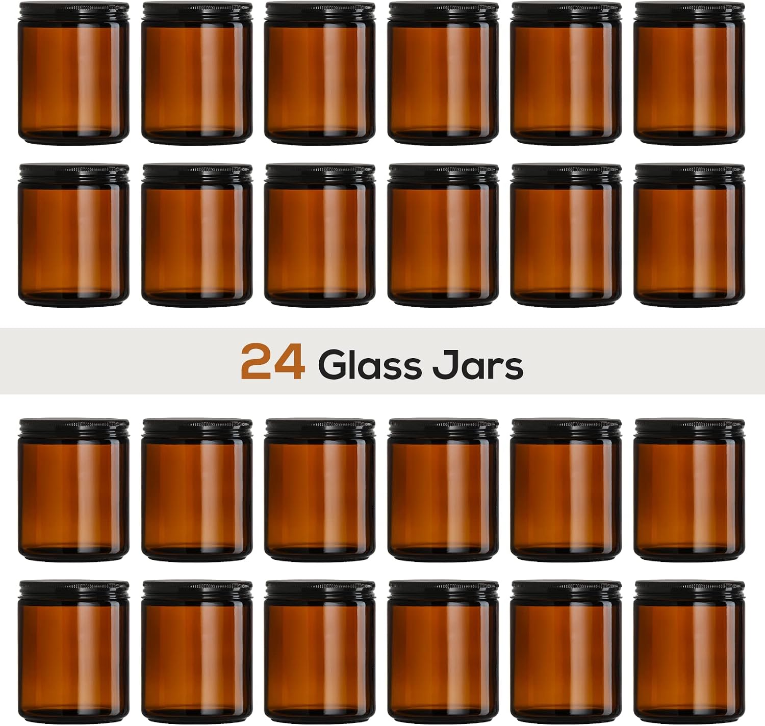 24 Pack, 8 OZ Thick Amber Candle Jars for Making Candle - Round Glass Jars with Lids - Empty Food Storage Containers