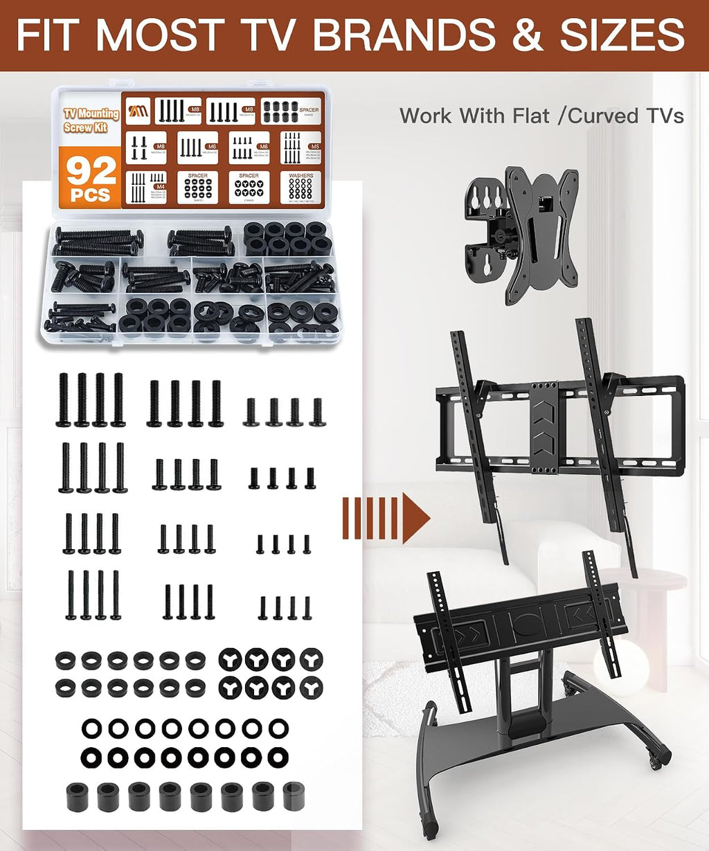 92PCS TV Mounting Hardware Screw Kit, M4 M5 M6 M8 Screws